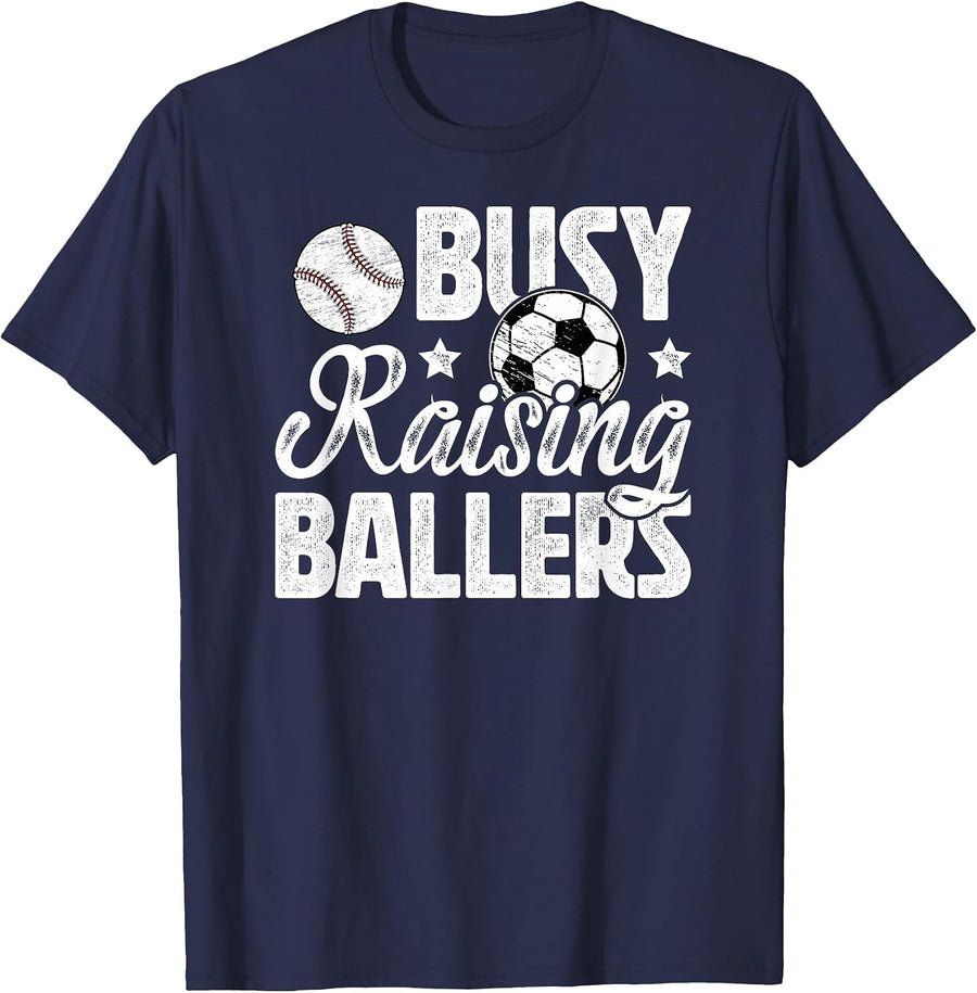 Busy Raising Ballers Soccer Baseball Dad of Ballers T-Shirt - Navy Blue