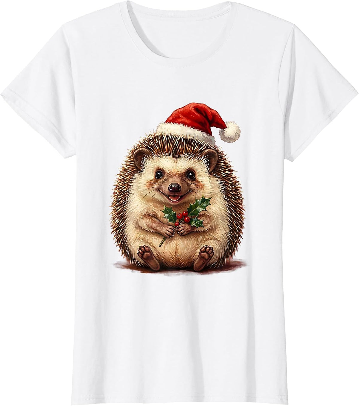 Women's Cute Christmas Hedgehog Santa Hat Holiday Design T-Shirt - White