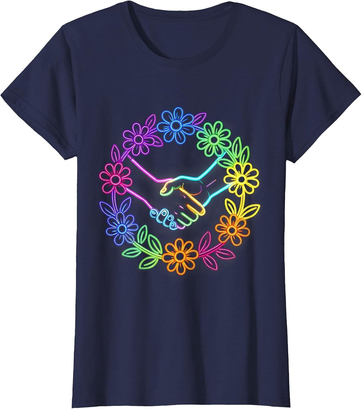 Women's Pride Floral Hands Unity Graphic Design T-Shirt - Navy Blue