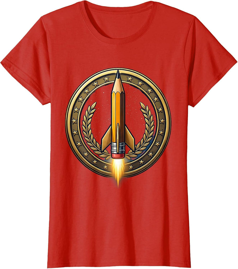 Women's 5th Grade Teacher Pencil Rocket Starry Sky T-Shirt - Red