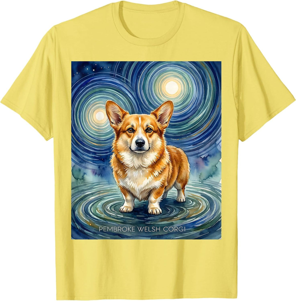 Men's Pembroke Welsh Corgi Watercolor Van Gogh Starry Night Dog T-Shirt - Lemon Yellow