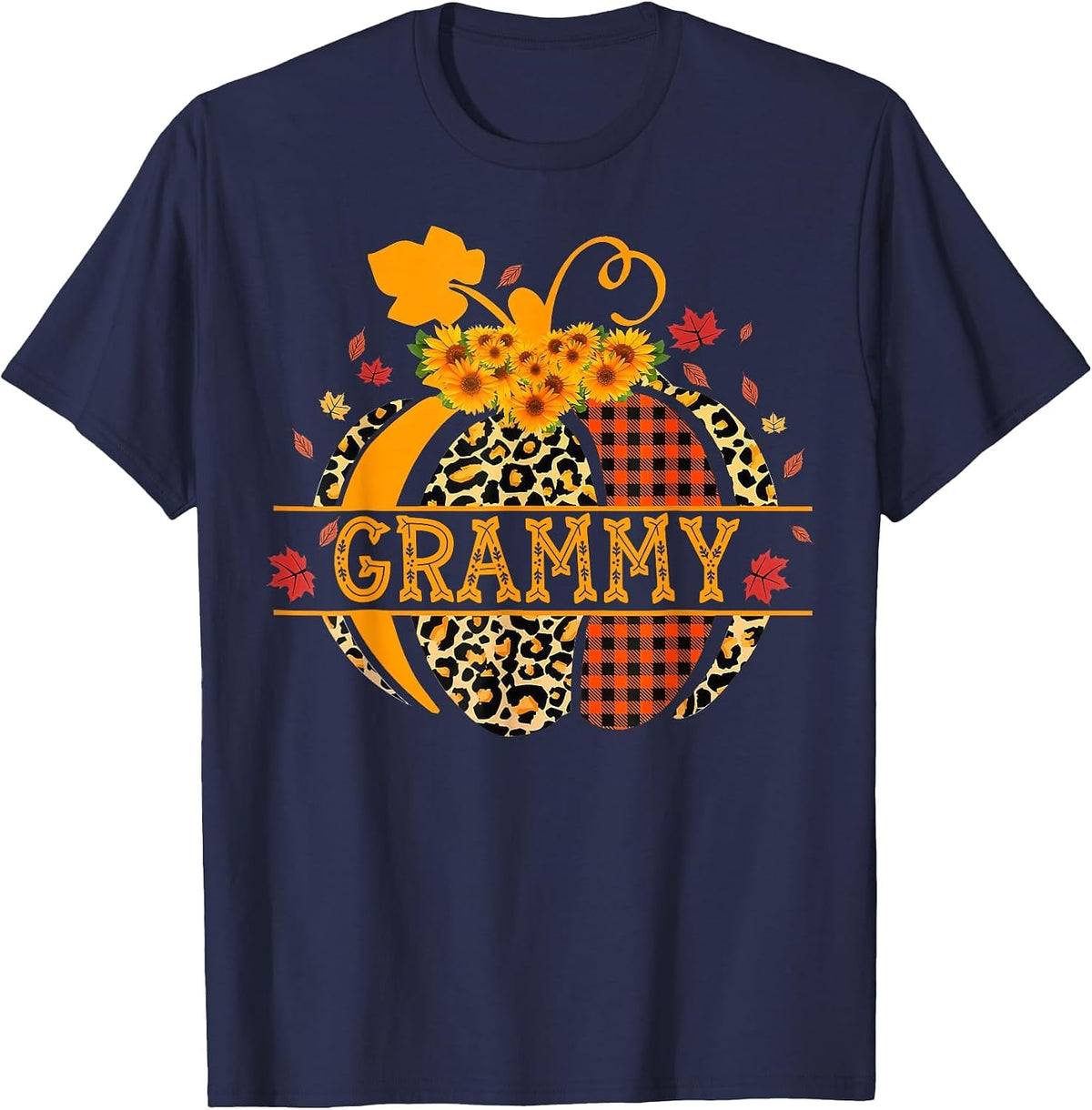 Grammy Leopard Floral Pumpkin Fall Autumn Thanksgiving T-Shirt - Navy Blue