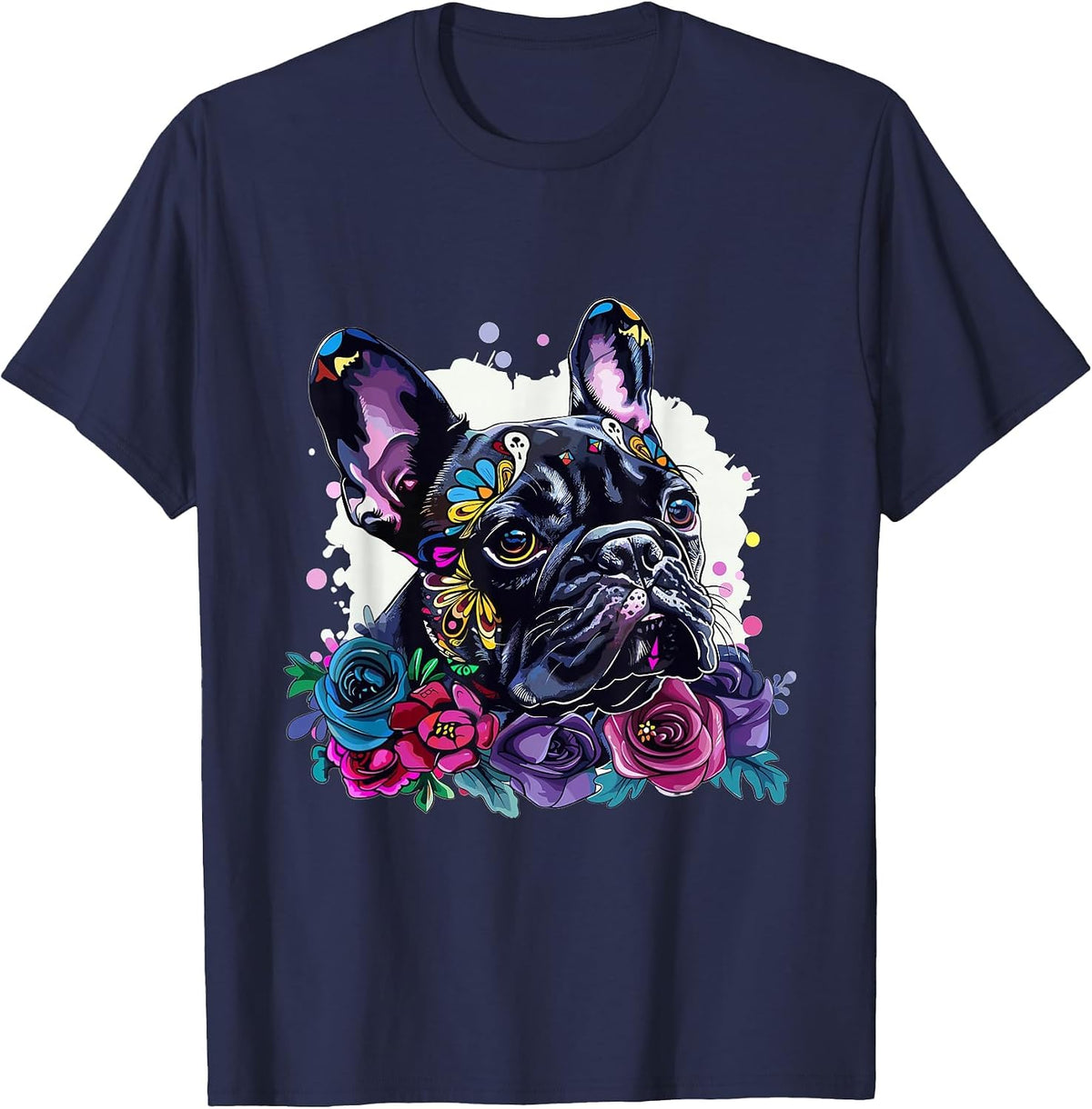 French Bulldog Sugar Skull Dia De Los Muertos Graphic T-Shirt - Navy Blue