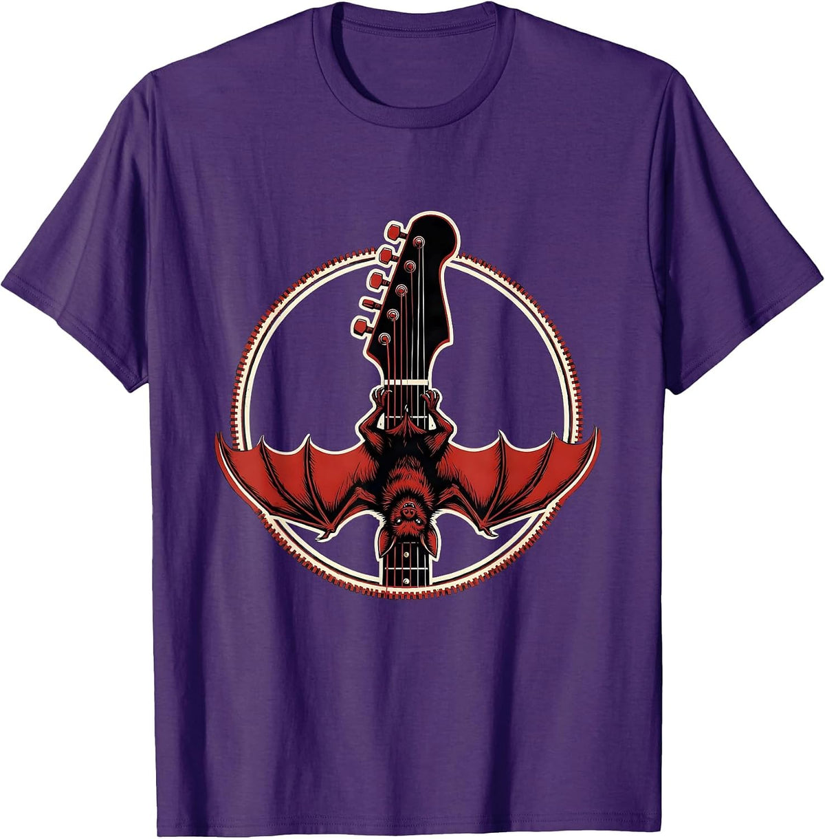 Bat on Guitar Headstock Rock and Roll Design T-Shirt - Purple