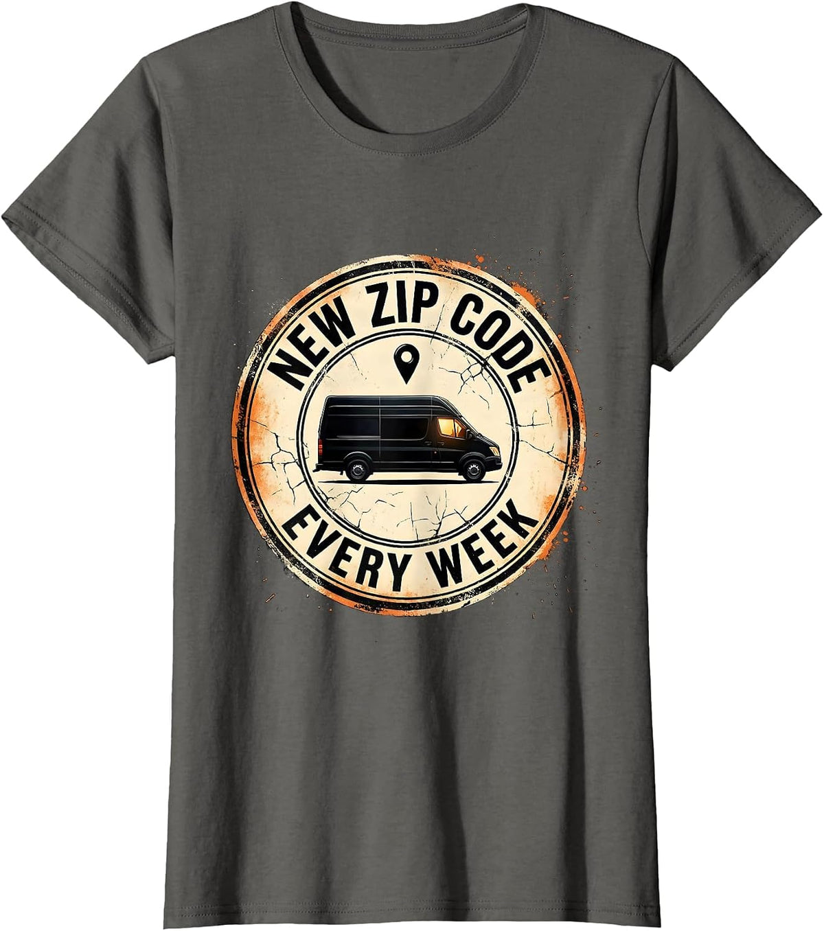 Women's New Zip Code Every Week Distressed Van Life Retro Road Trip T-Shirt - Asphalt Grey