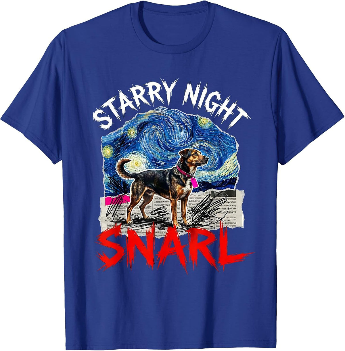 Starry Night Snarl Punk Metal Dog Art Parody Cat Lover T-Shirt - Royal Blue