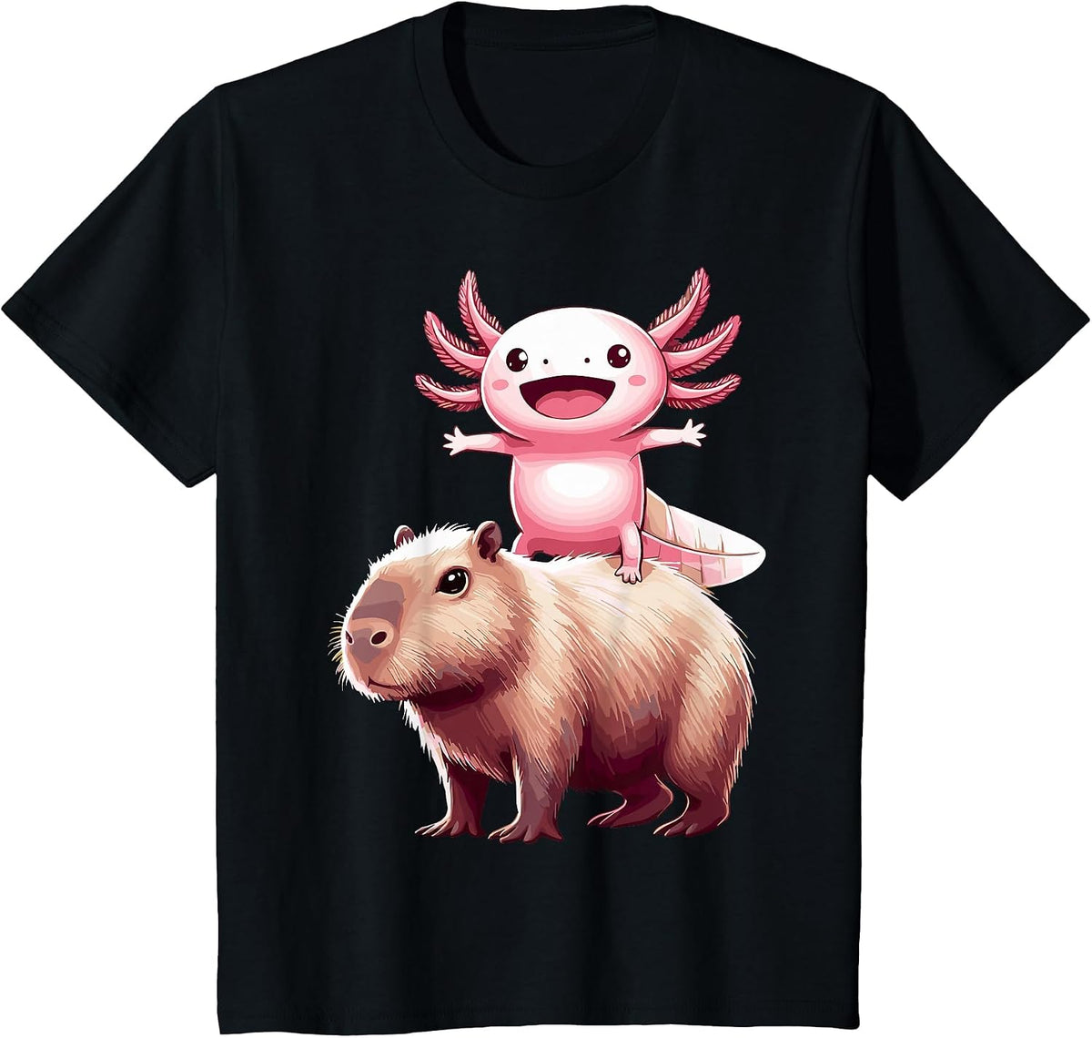 Capybara and Funny Axolotl T-Shirt - Black