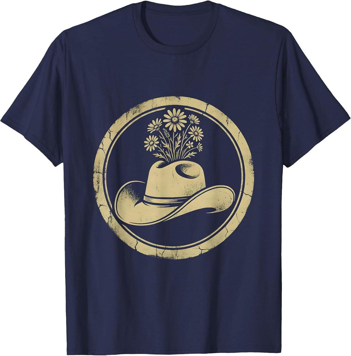 Cowgirl Hat Wildflower Bouquet Rodeo Design T-Shirt - Navy Blue