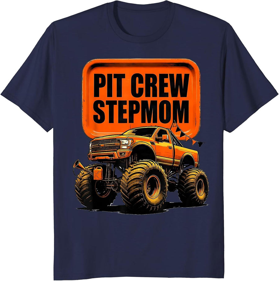 Pit Crew Stepmom Monster Truck Family Birthday Matching T-Shirt - Navy Blue