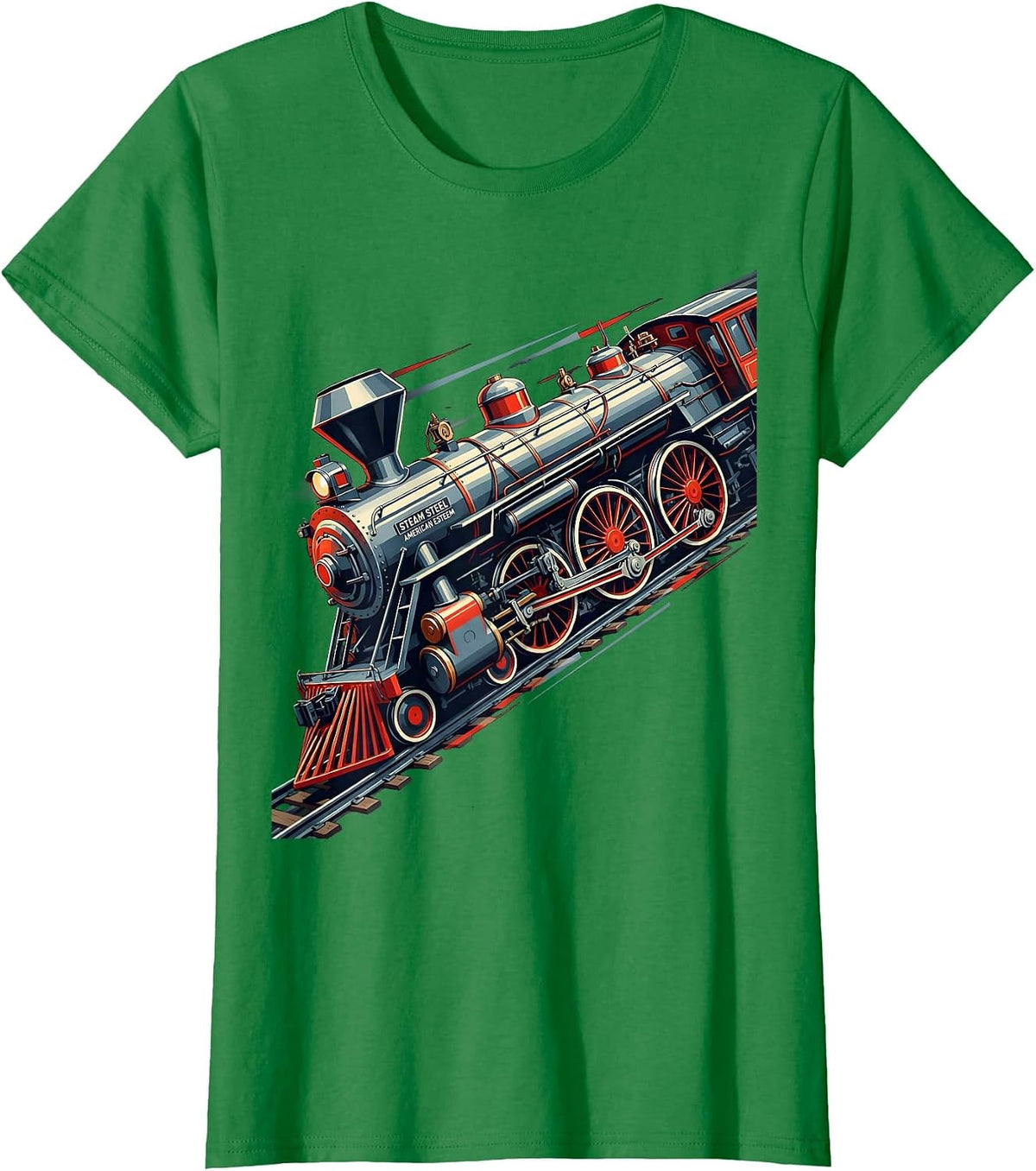 Women's Steam Steel American Esteem Futurist Train Enthusiast T-Shirt - Kelly Green