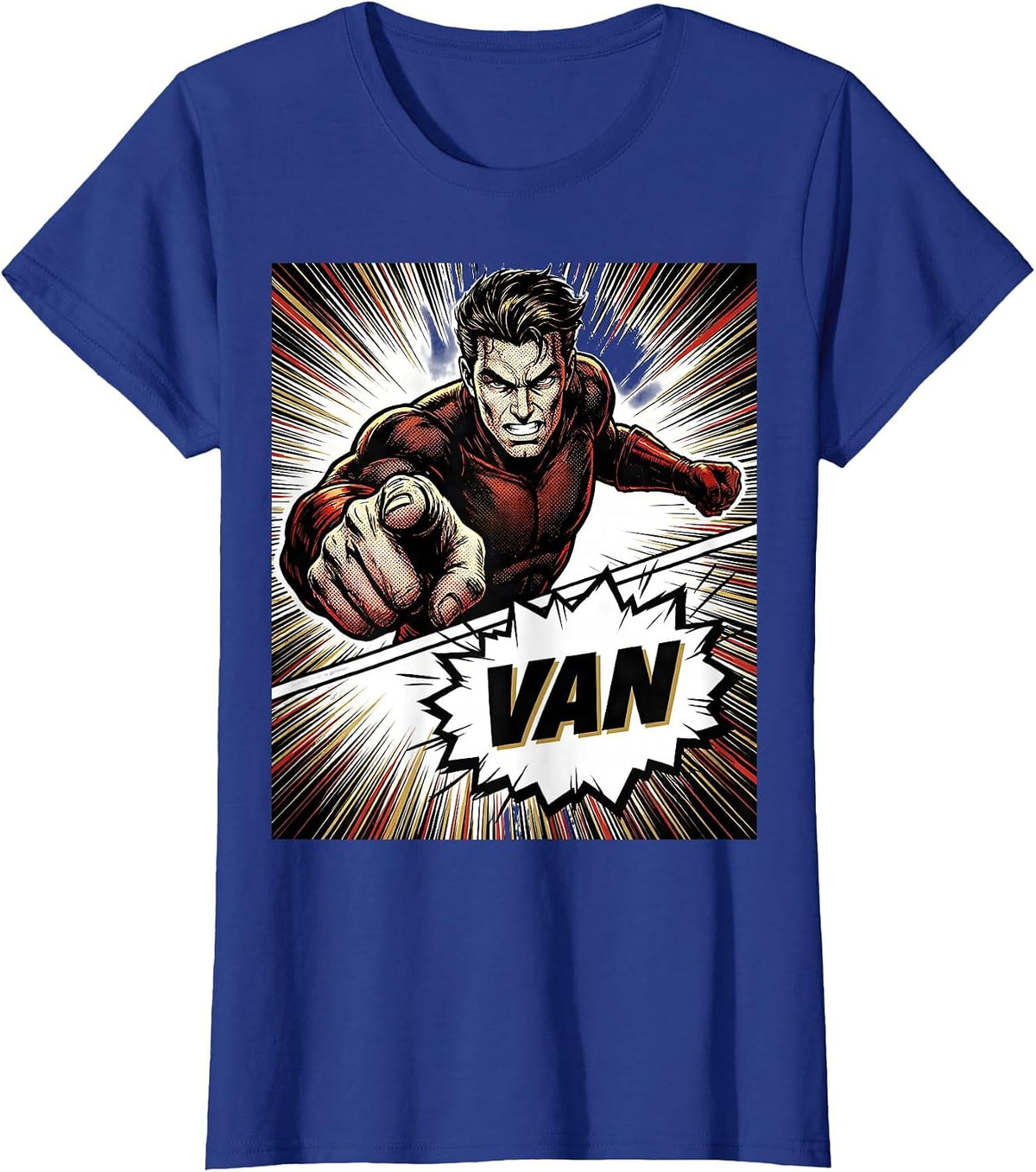 Women's VAN Comic Book Bold Typography Van Life Traveler Road Trip T-Shirt - Royal Blue
