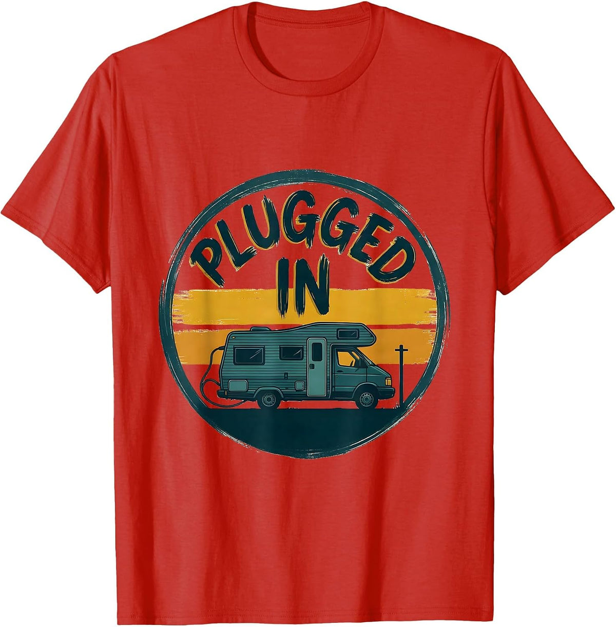 Men's Plugged In Retro Van Life Nomads Camper Badge T-Shirt - Red