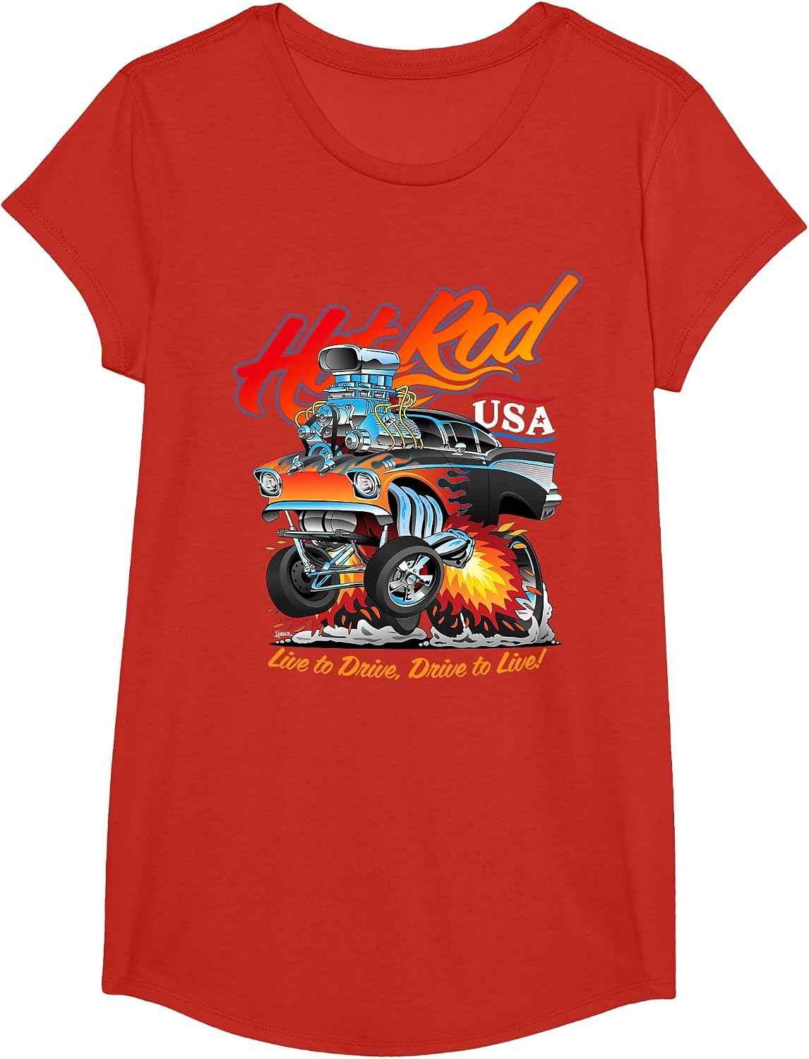 Hotrod USA Classic Muscle Car Cartoon Hotrod Funny Car T-Shirt - Girls Red