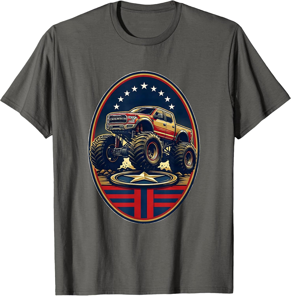 Monster Truck Star Crushing Oval Crest Patriotic Pride T-Shirt - Asphalt Grey