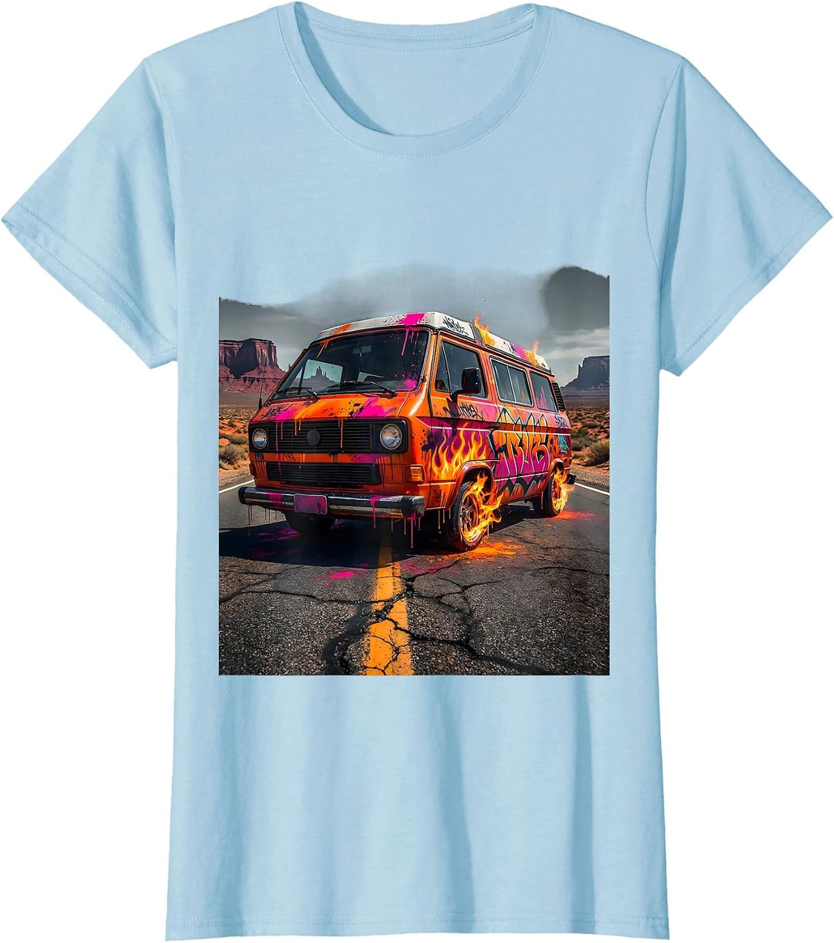 Vintage Touring Van Open Highway Graphic T-Shirt - Baby Blue