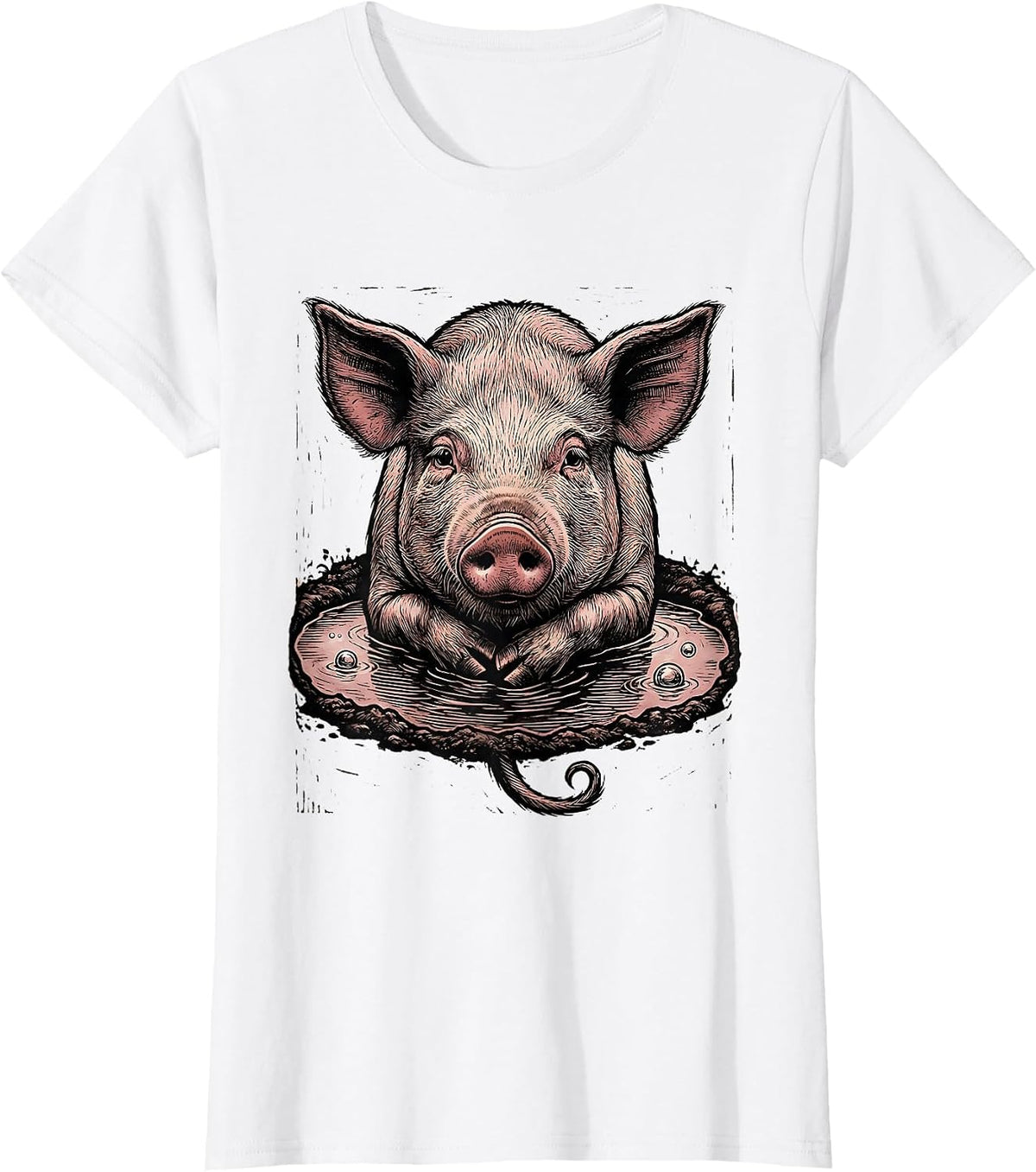Mud Spa Pig Woodcut Engraving Funny Farm Animal Lover T-Shirt - White