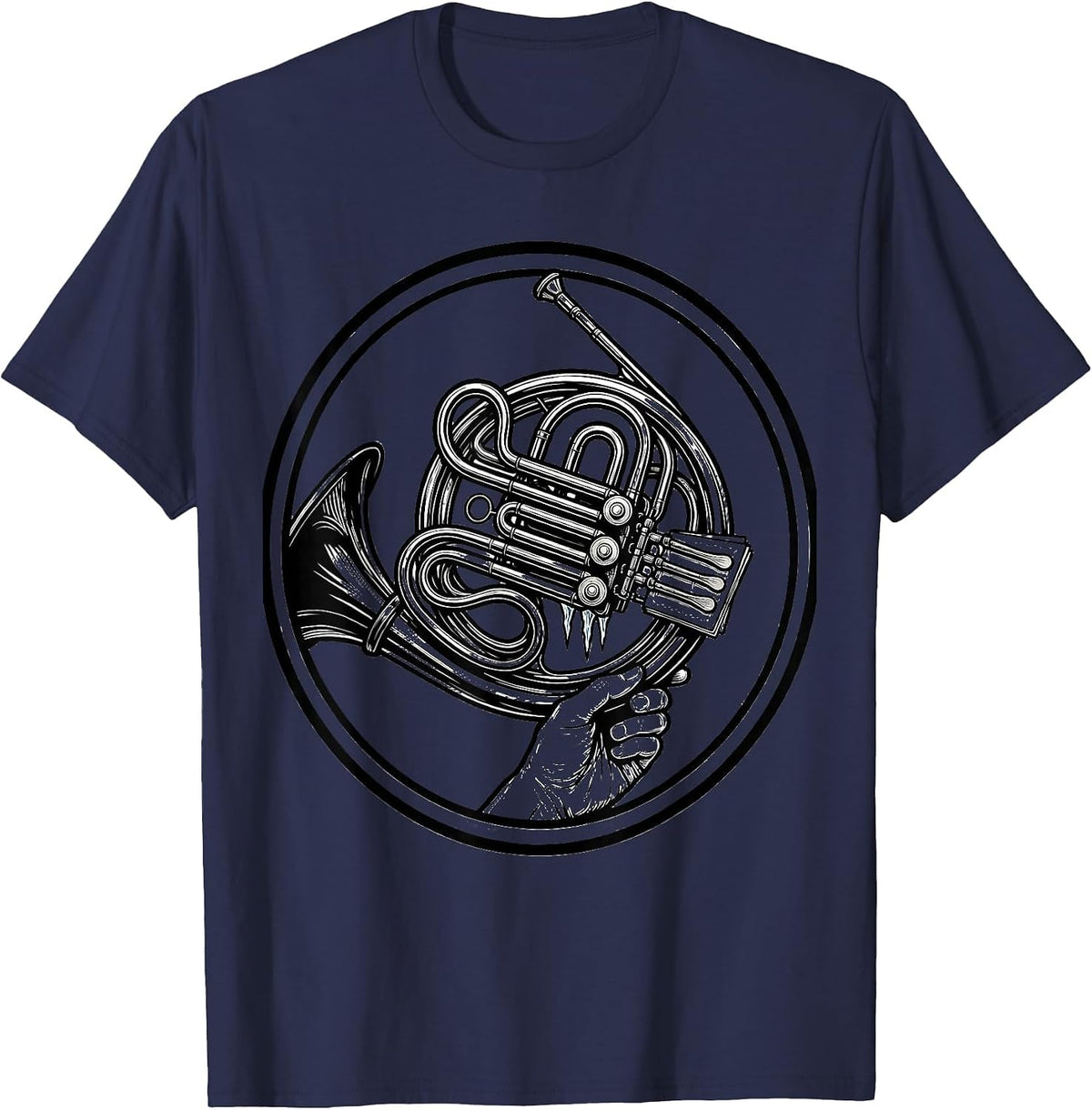 Men's French Horn Badge Line Art Band Player Humor T-Shirt - Navy Blue