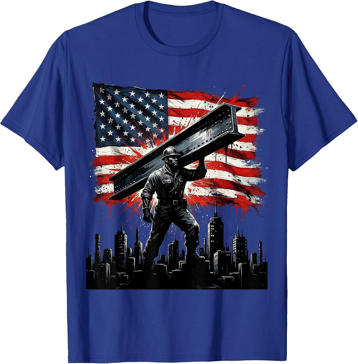 Steelworker Over City Skyline America First Tee T-Shirt - Royal Blue