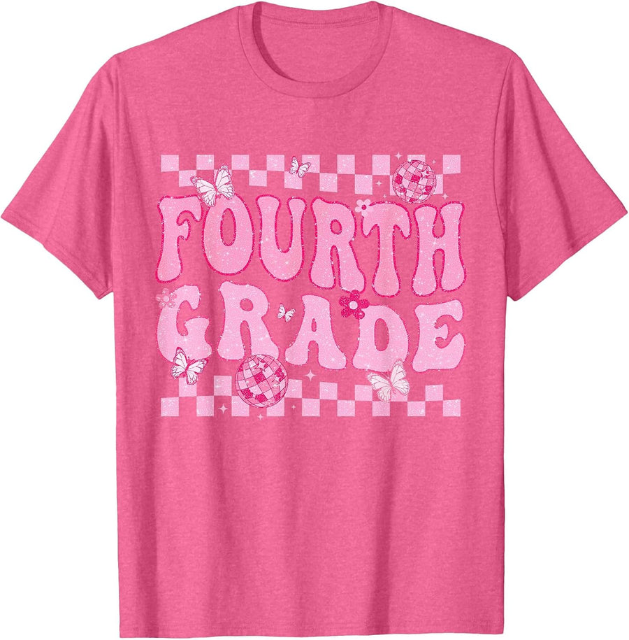 Fourth Grade Back to School Groovy Retro Disco Teacher Kids T-Shirt - Pink Heather