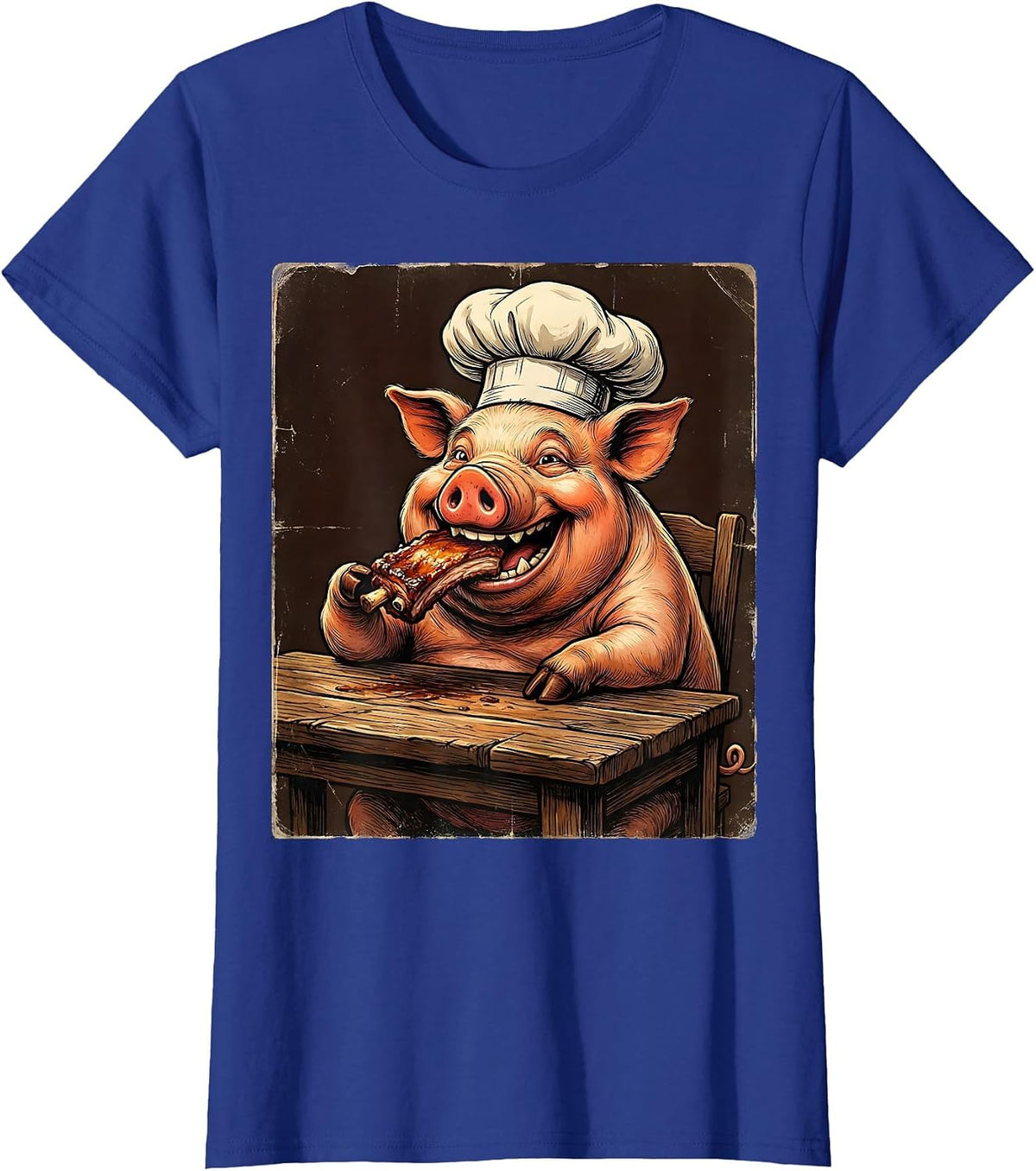 Women's Funny Pig Chef Eating Ribs BBQ Humor Graphic T-Shirt - Royal Blue