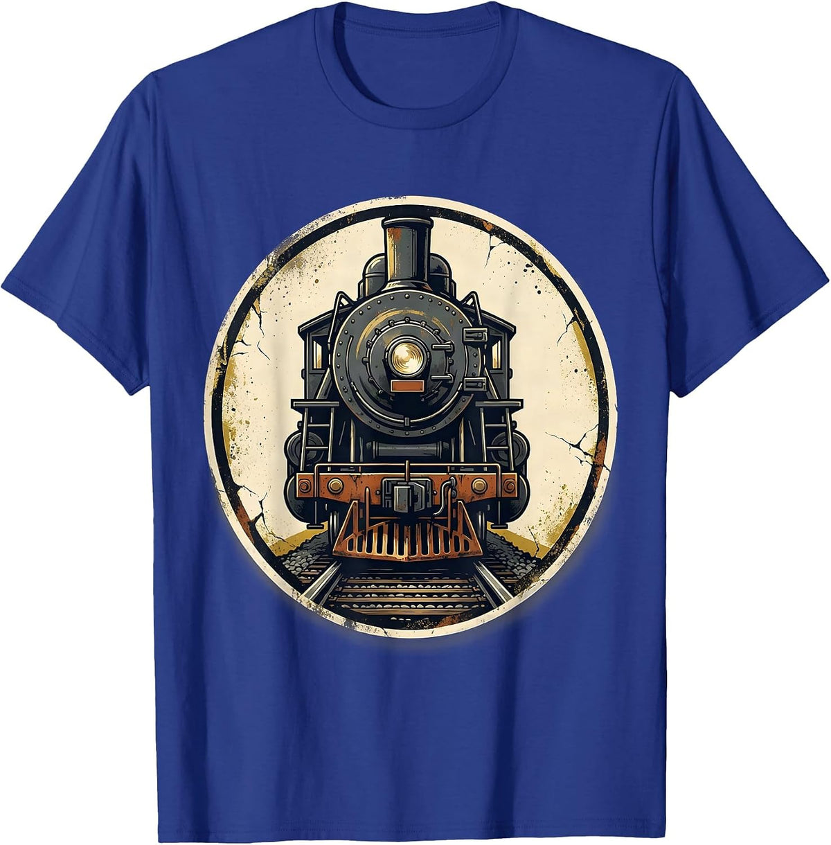 Men's Steam Locomotive Badge Distressed Train Enthusiast Gift T-Shirt - Royal Blue