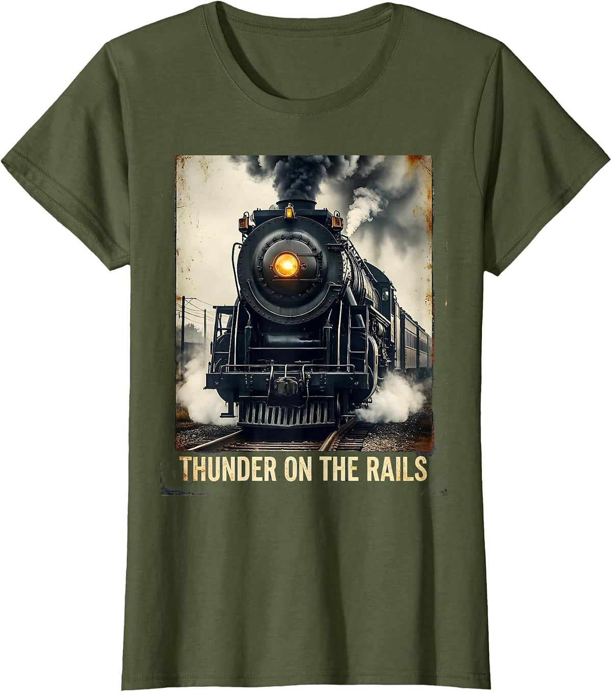 Women's Thunder On The Rails Vintage Big Boy 4014 Steam Locomotive T-Shirt - Olive Green