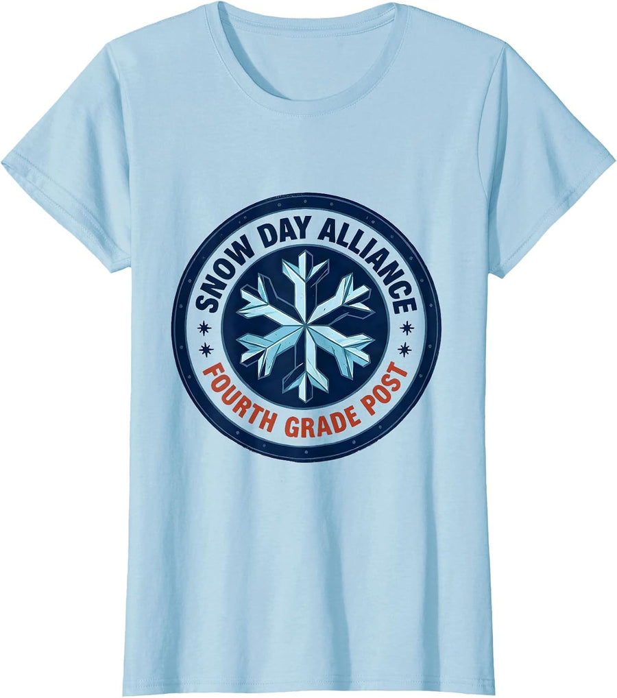 Women's Snow Day Alliance Fourth Grade Post Funny Teacher Christmas T-Shirt - Baby Blue