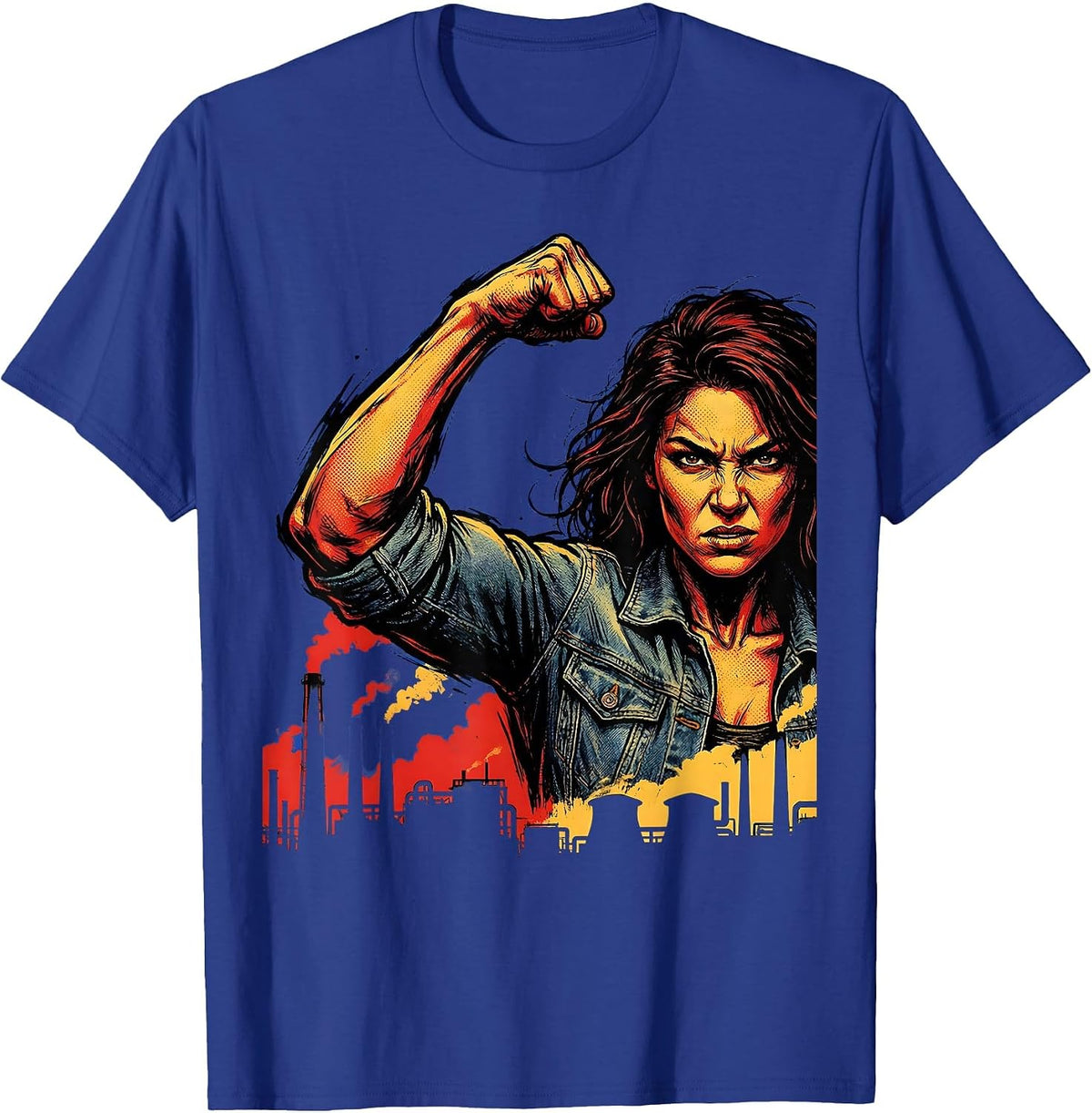 Rosie the Riveter Flexing Over Industrial Skyline T-Shirt - Royal Blue