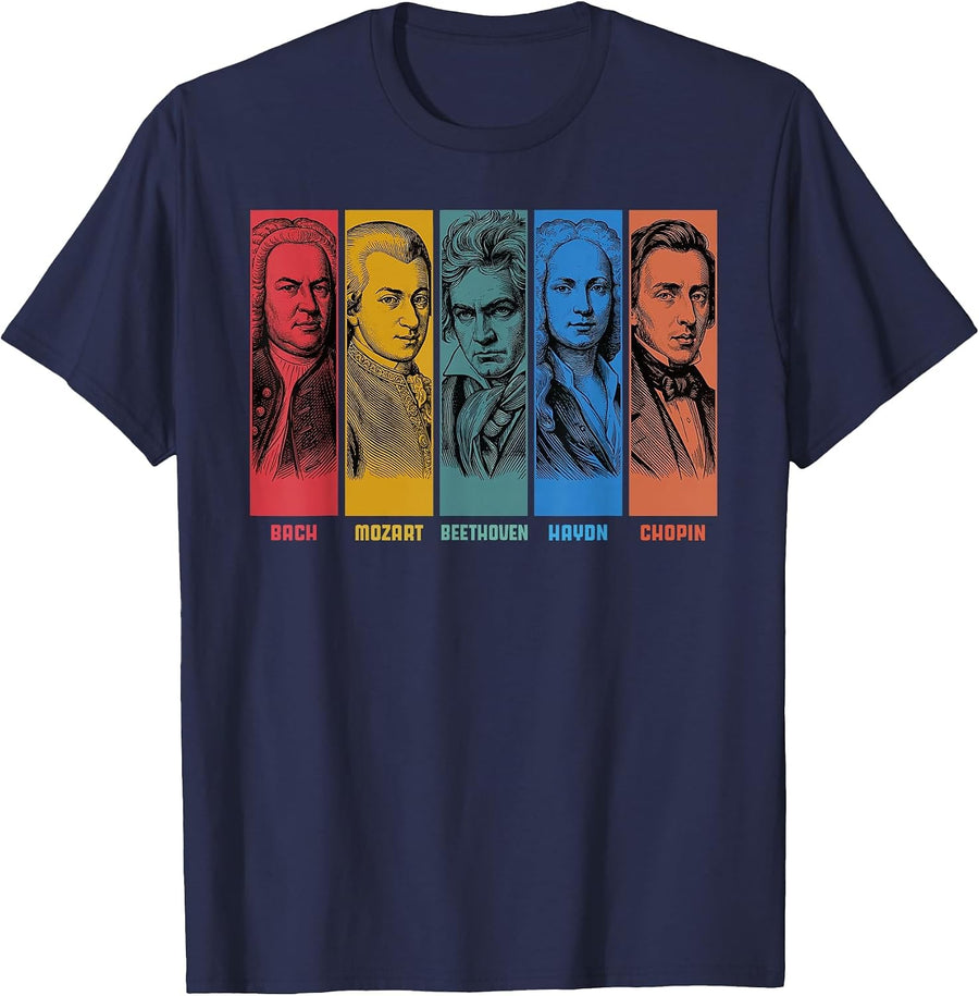 Classical Music Composers Bach Mozart Beethoven Haydn Chopin T-Shirt - Navy Blue