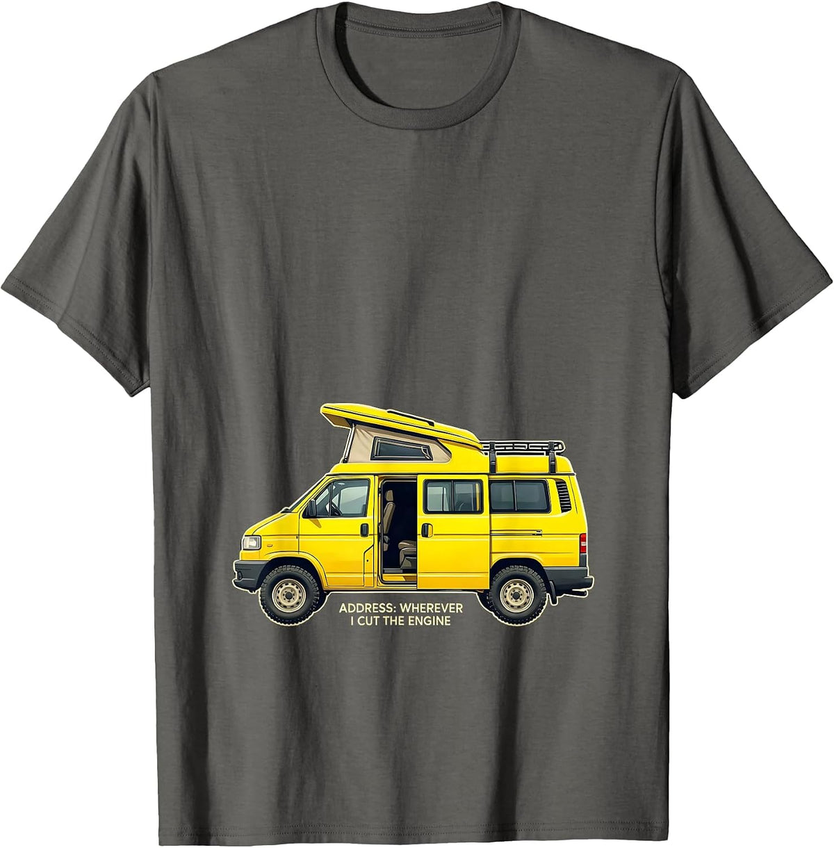 Men's Address: Wherever I Cut The Engine Retro Van Life Camper Van T-Shirt - Asphalt Grey