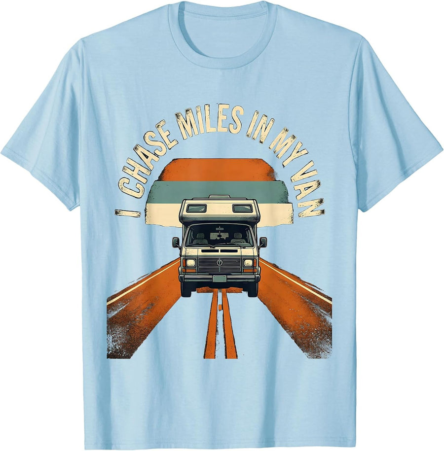 Men's I Chase Miles In My Van Distressed Van Life Road Trip T-Shirt - Baby Blue