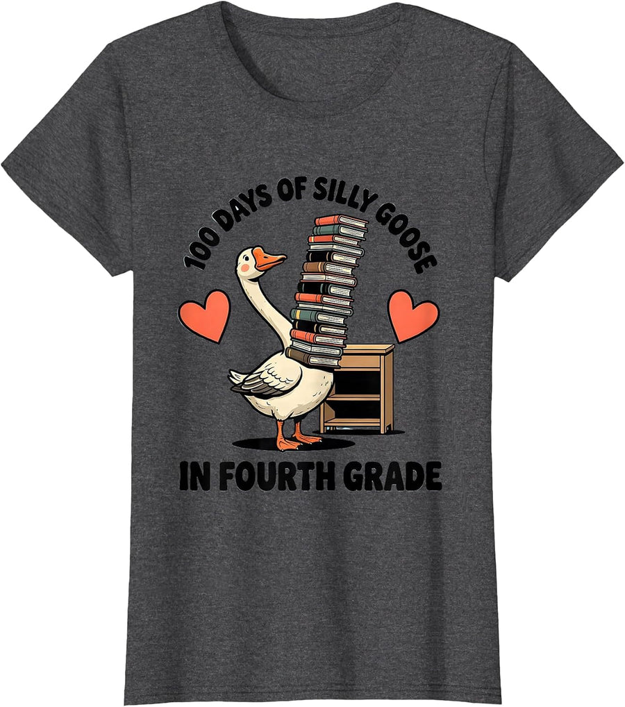 Women's 100 Days of Silly Goose in Fourth Grade Teacher Humor T-Shirt - Dark Heather Grey