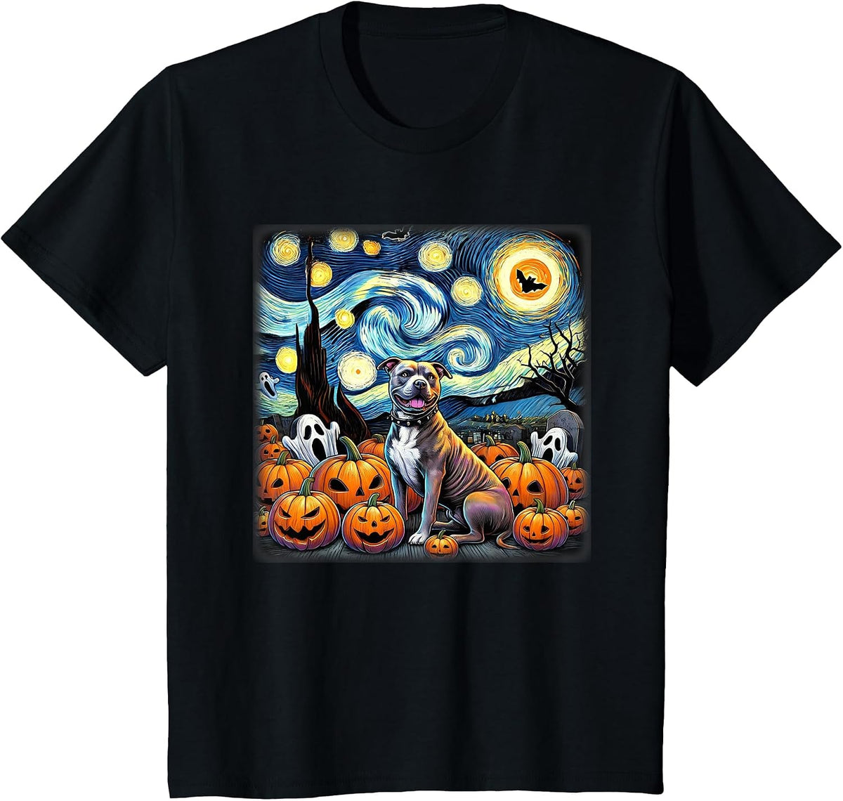 Starry Night Pitbull Halloween T-Shirt - Black