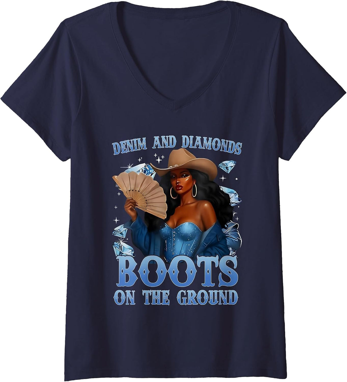 Women's Western Cowgirl Denim and Diamonds Boots On Ground Afro Girl V-Neck T-Shirt - Navy Blue