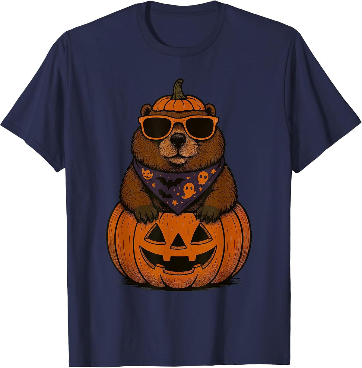 Spooky Groundhog Pumpkin Halloween T-Shirt - Navy Blue