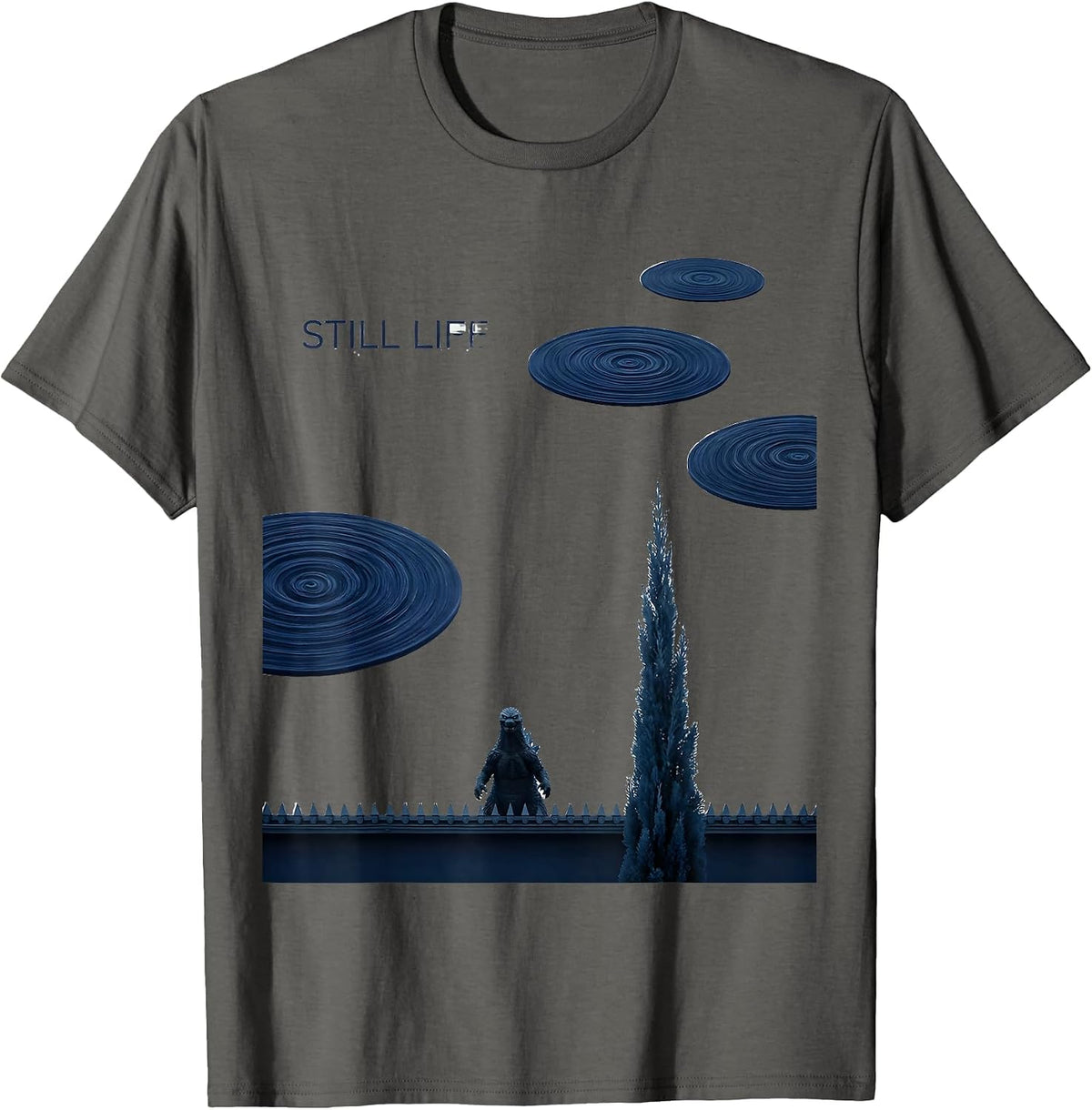 Still Life Minimalist Kaiju Van Gogh Starry Night Art Parody T-Shirt - Asphalt Grey