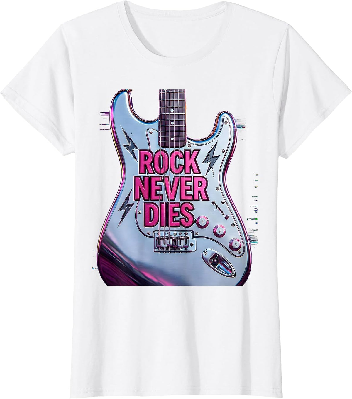 Rock Never Dies Bold Music Graphic Design T-Shirt - White