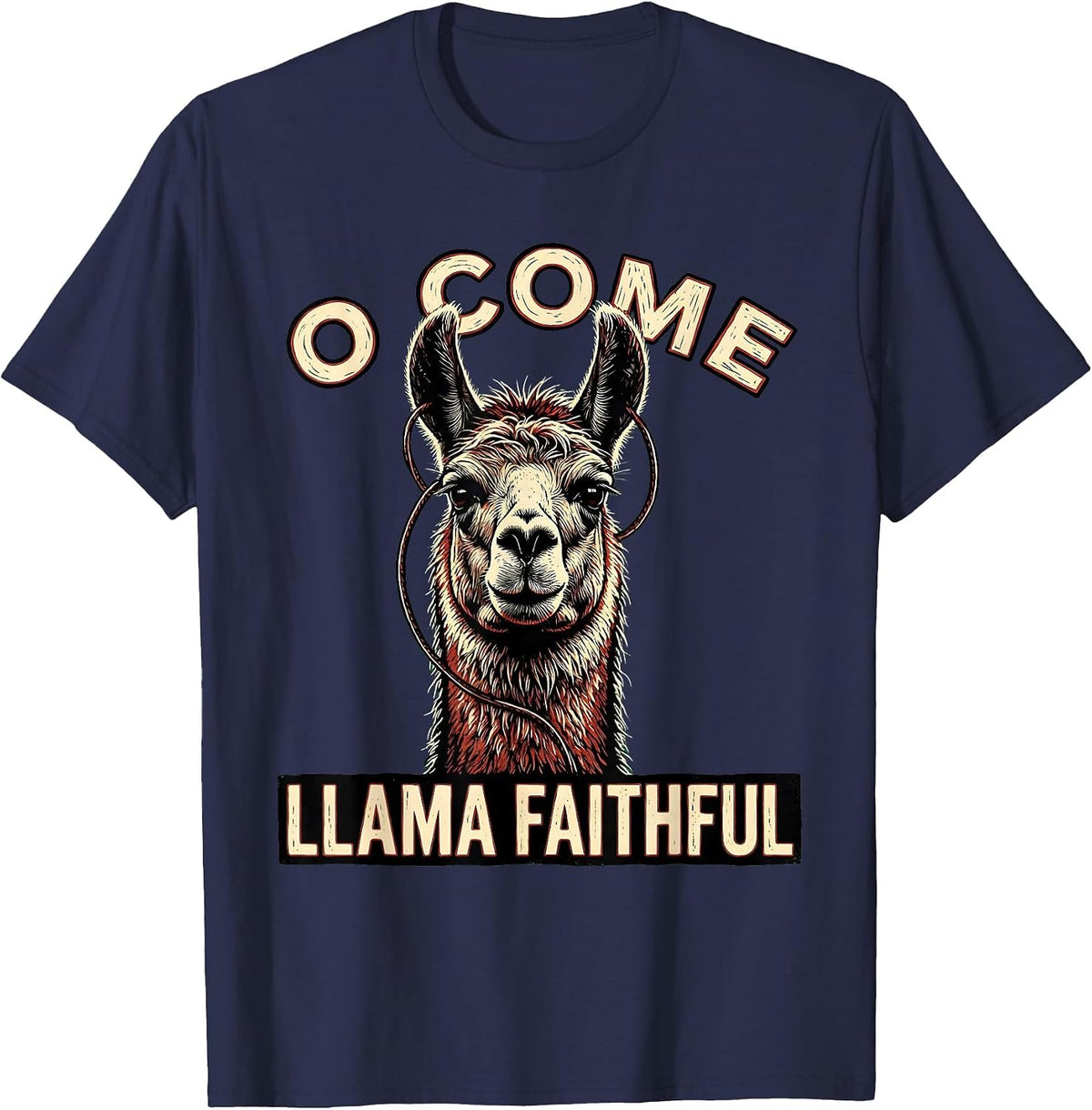 O Come Llama Faithful Funny Christmas Llama Lover Gift T-Shirt - Navy Blue