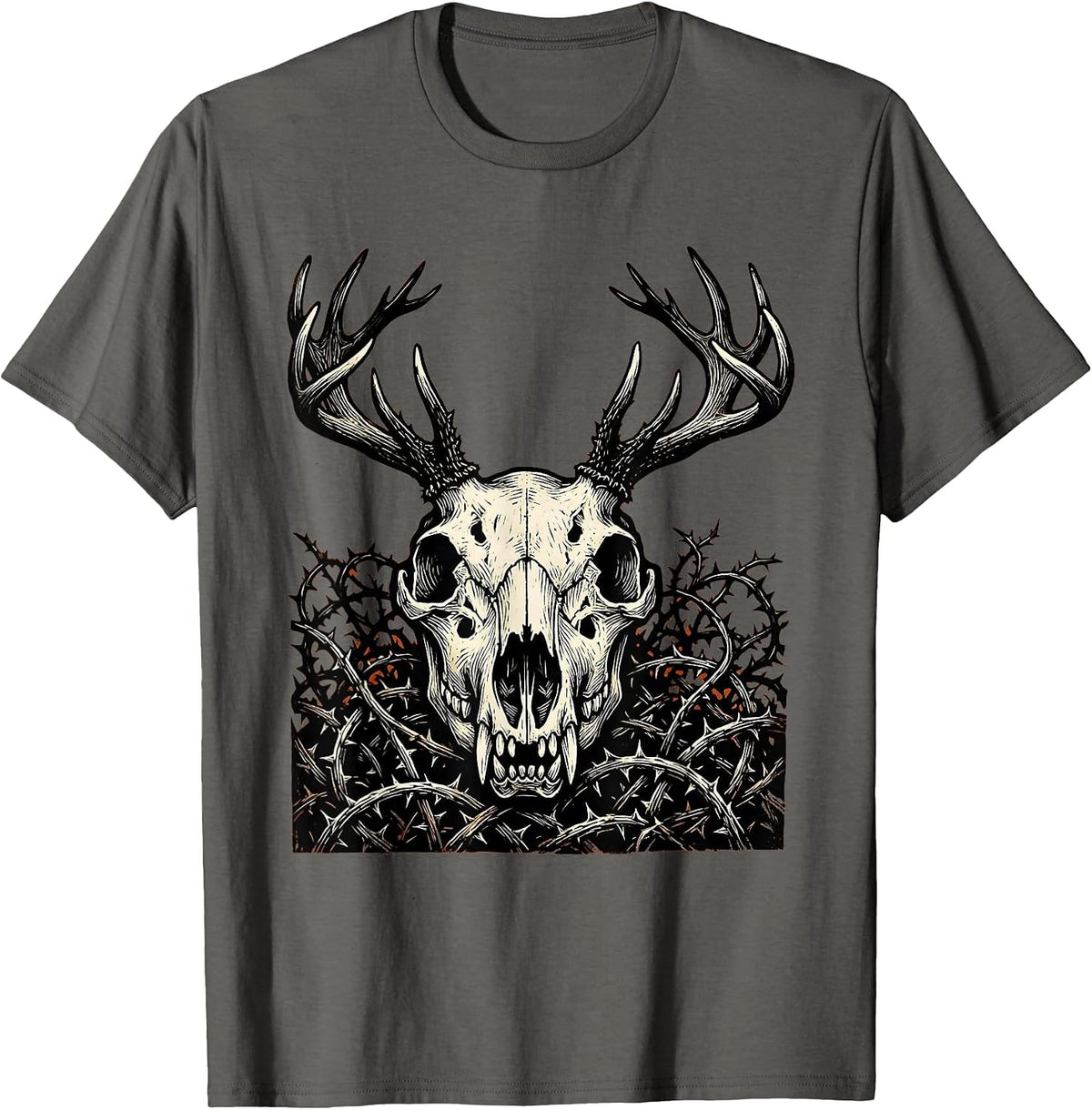 Wolf Skull Crowned Antlers and Thorns Halloween T-Shirt - Asphalt Grey