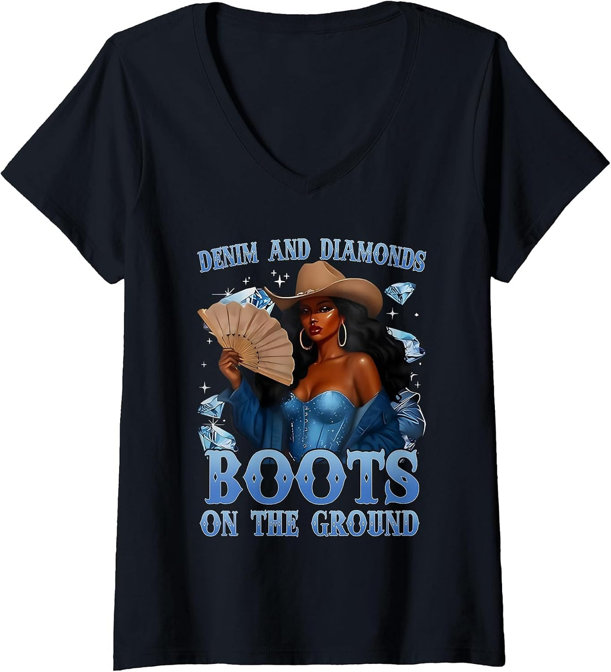 Women's Western Cowgirl Denim and Diamonds Boots On Ground Afro Girl V-Neck T-Shirt - Black