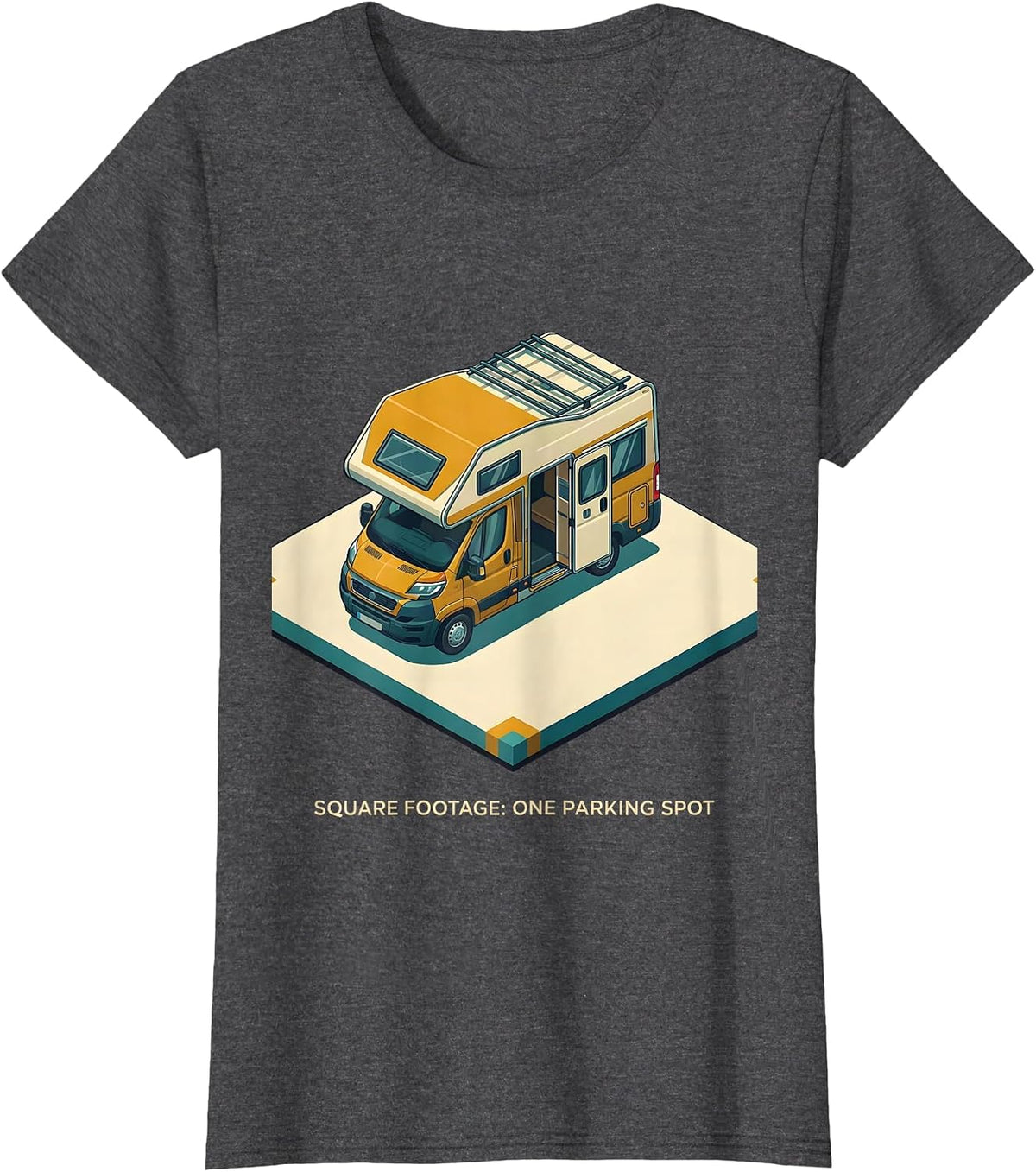 Women's Square Footage: One Parking Spot Retro Van Life Camper Van T-Shirt - Dark Heather Grey