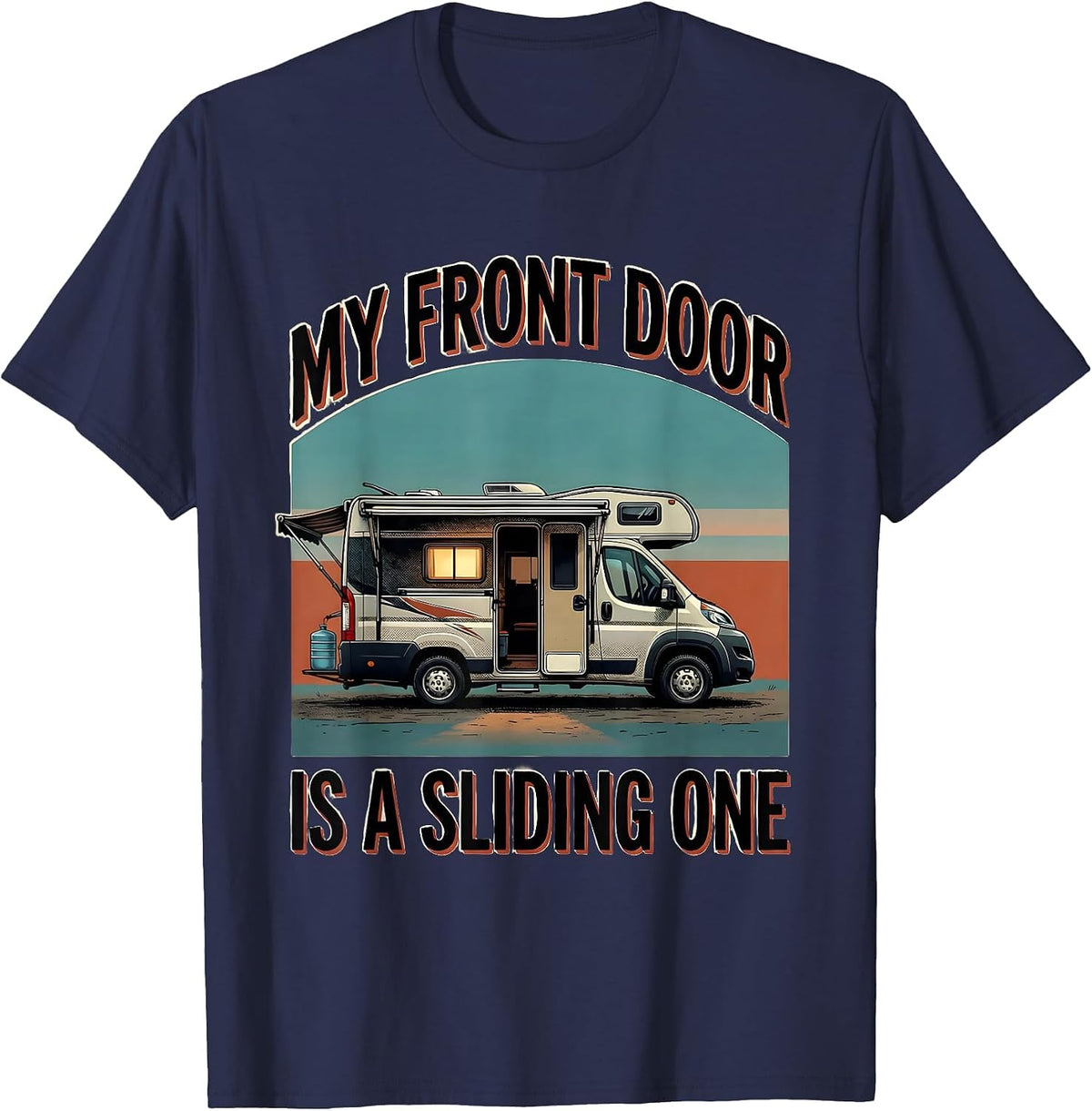 Men's My Front Door Is A Sliding One Retro Van Life Road Trip T-Shirt - Navy Blue