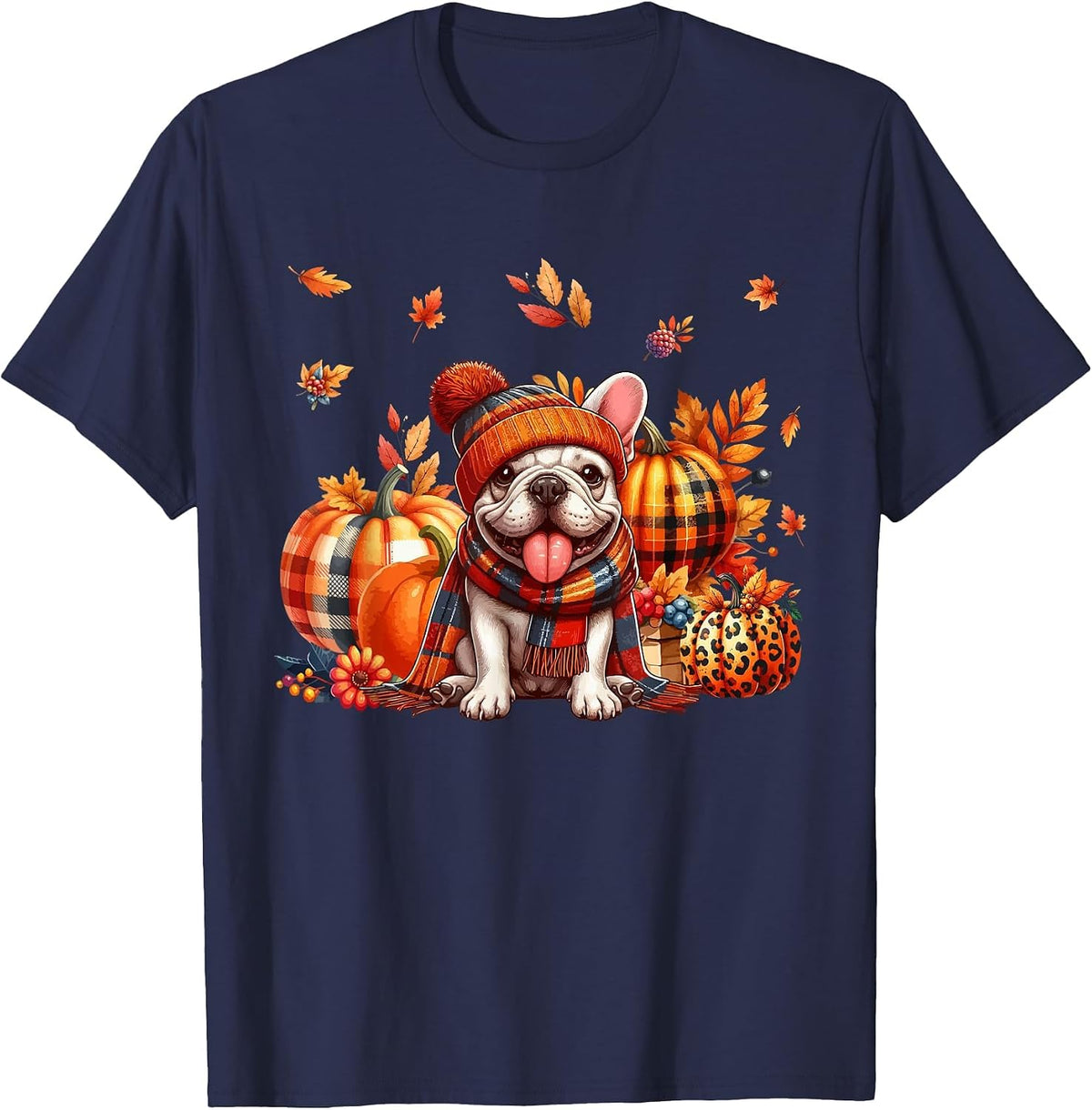 French Bulldog Thanksgiving Leopard Pumpkins Fall Leaves T-Shirt - Navy Blue
