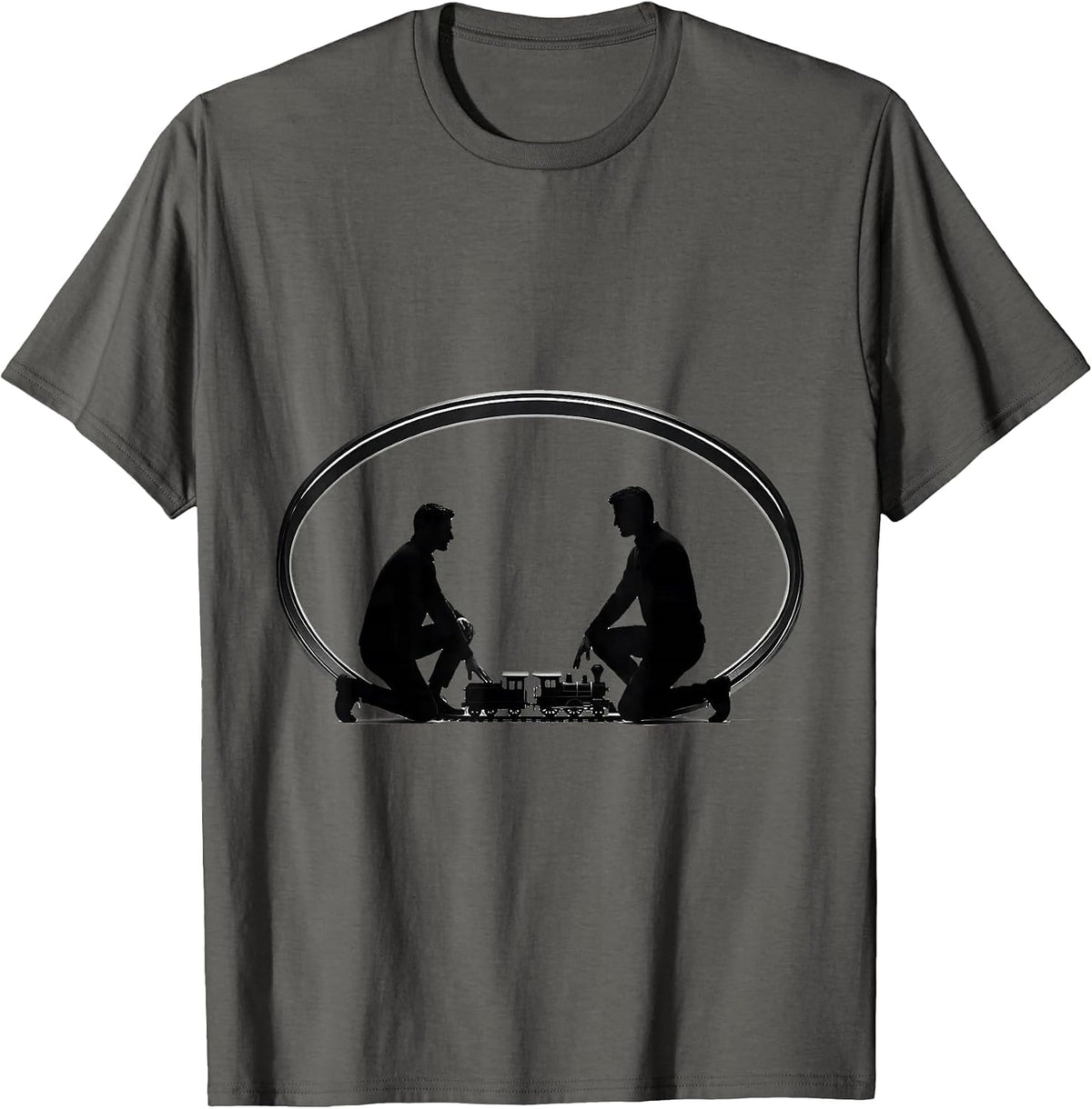 Kneeling Train Hobbyist Minimalist Model Railroad Enthusiast T-Shirt - Asphalt Grey