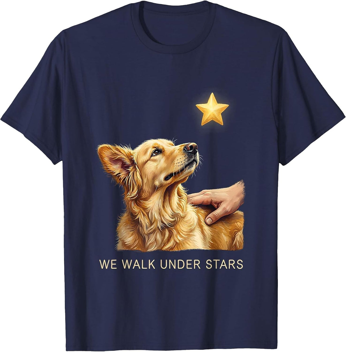 We Walk Under Stars Storybook Goldendoodle Van Gogh Starry T-Shirt - Navy Blue
