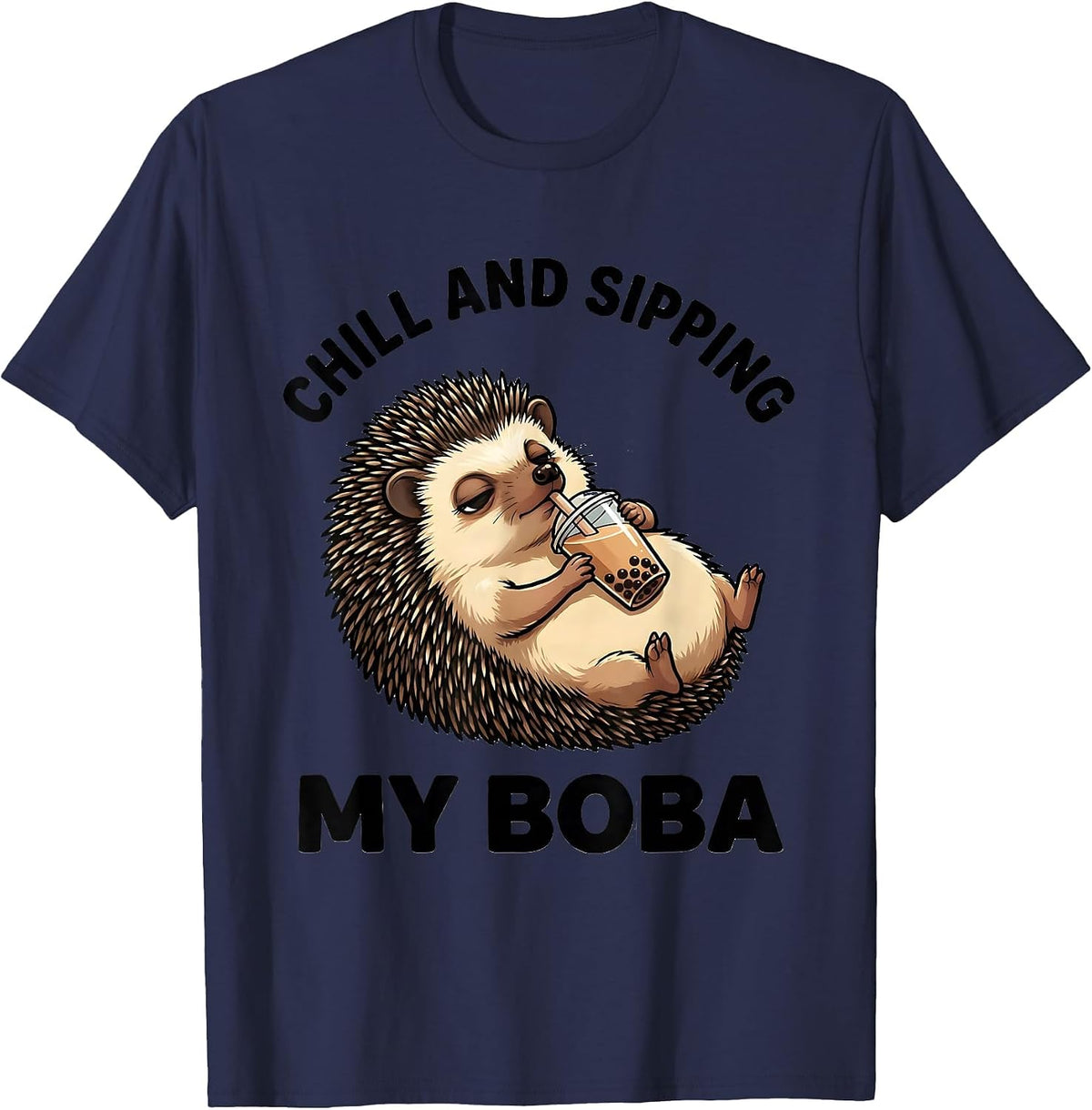 Men's Chill and Sipping My Boba Cute Kawaii Hedgehog Boba Tea T-Shirt - Navy Blue