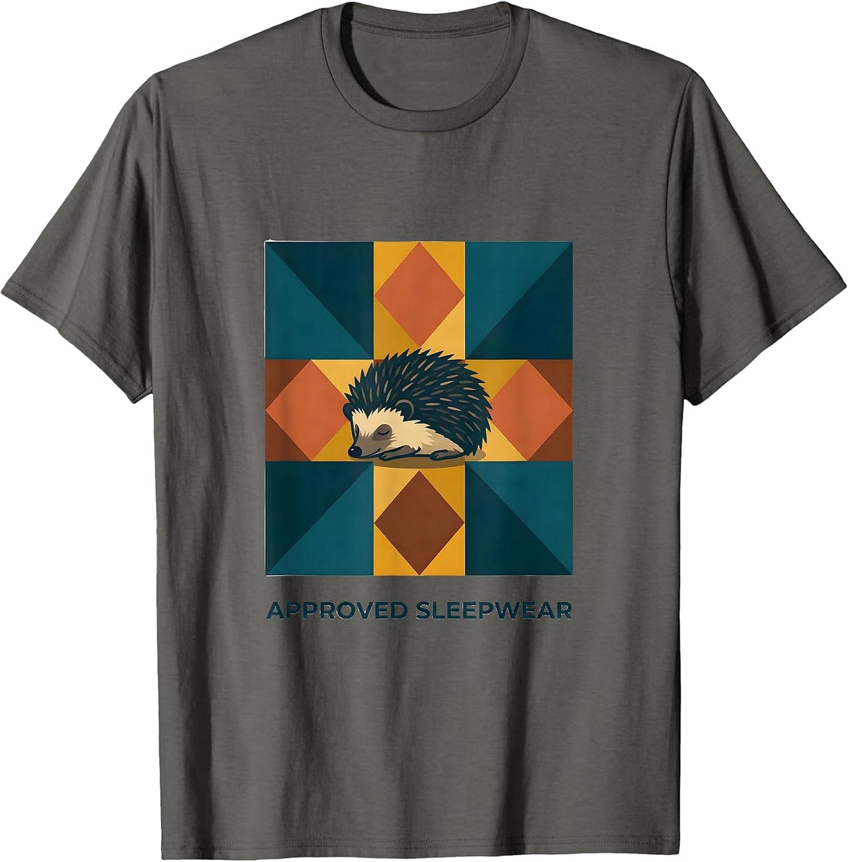 Approved Sleepwear Quilt Block Patchwork Hedgehog Humor T-Shirt - Asphalt Grey