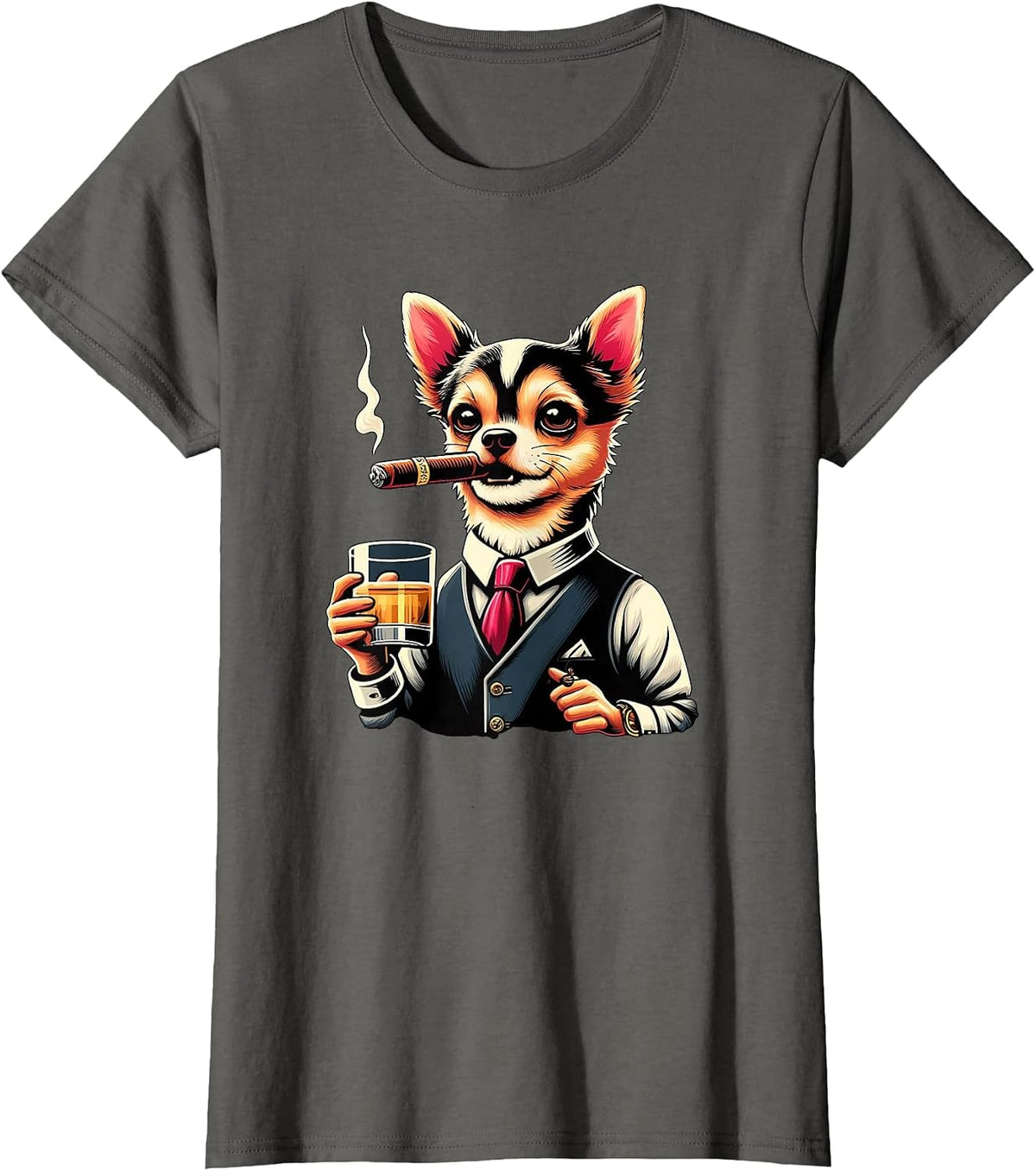 Chihuahua Dog Cigar and Whiskey T-Shirt - Asphalt Grey