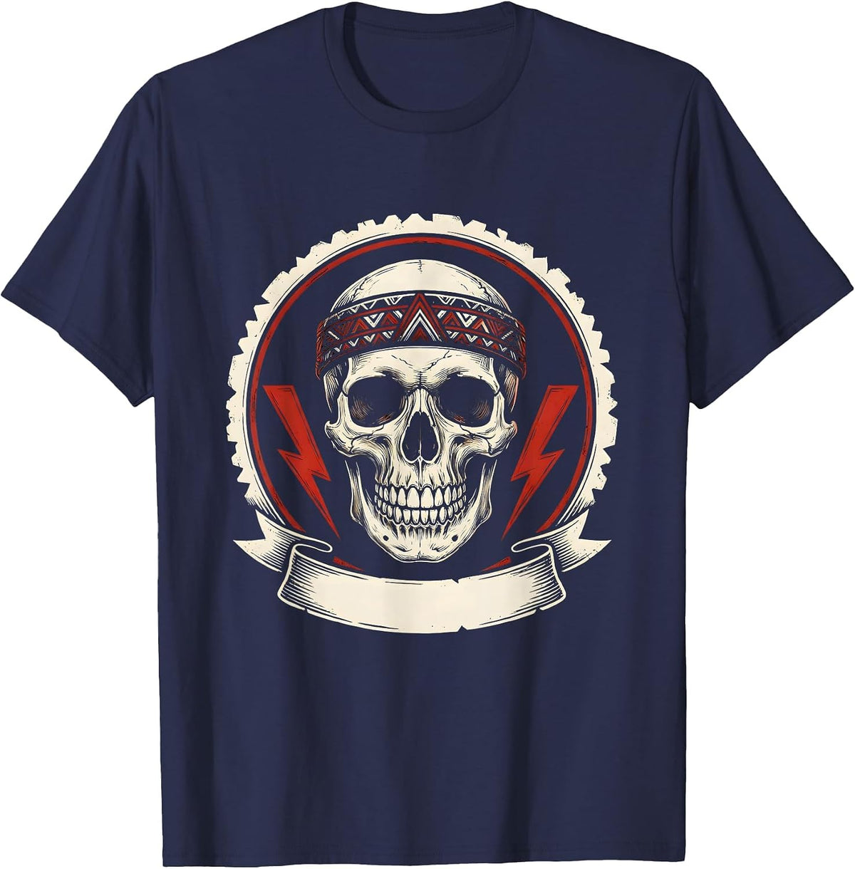 Rock Skull Vintage Headband Graphic Design T-Shirt - Navy Blue