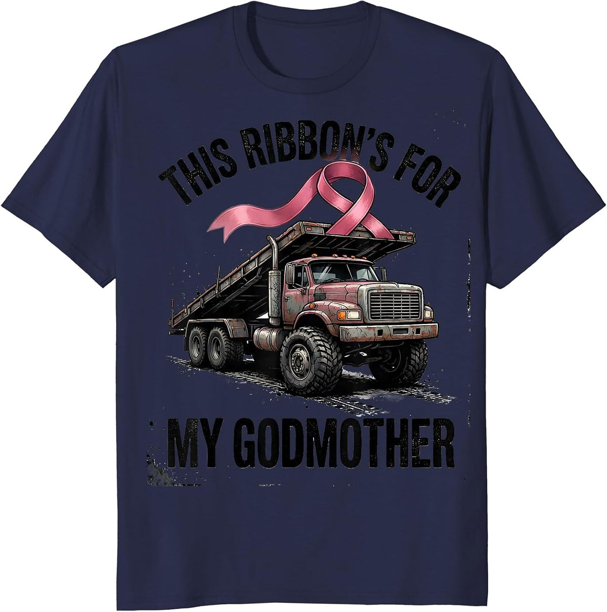 Men's This Ribbon's For My Godmother Distressed Monster Truck T-Shirt - Navy Blue